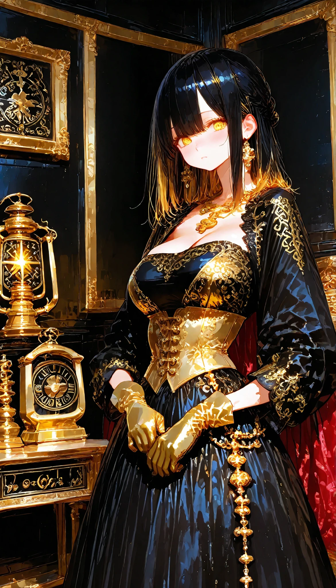 ultra-detailed, finely, detail, 1 girl, aristocratic heiress, black gown with gold embellishments, gold velvet gloves with black stitching, exploring family vault beneath ancestral manor with antique lantern, vault details include generations of family treasures, portraits of ancestors wearing identical gloves, and ancient warning inscribed above glove display case, posing while cautiously slipping on gold velvet gloves found in hidden compartment causing golden light to emanate from nearby objects, conflicted expression feeling simultaneous dread and exhilaration as family memories not her own flood her consciousness, round face with delicate features and fair complexion developing gold-like patterns where gloves touch skin, golden eyes that transformed from brown upon first contact with gloves now emitting subtle glow in vault's darkness, (detailed eyes:1.2), (sharp eyes:1.1), waist-length black hair with golden highlights arranged in half-updo with family heirloom gold hair combs, loose waves cascading down back, wearing vintage black evening gown with gold beaded bodice passed through generations, cinched waist with gold filigree belt showing family crest, flowing black skirt with gold embroidered hem depicting family history, and antique gold locket containing portrait of ancestor who first acquired the gloves, family diary open to page warning against wearing the gloves under moonlight, milf , mature, saggy breasts