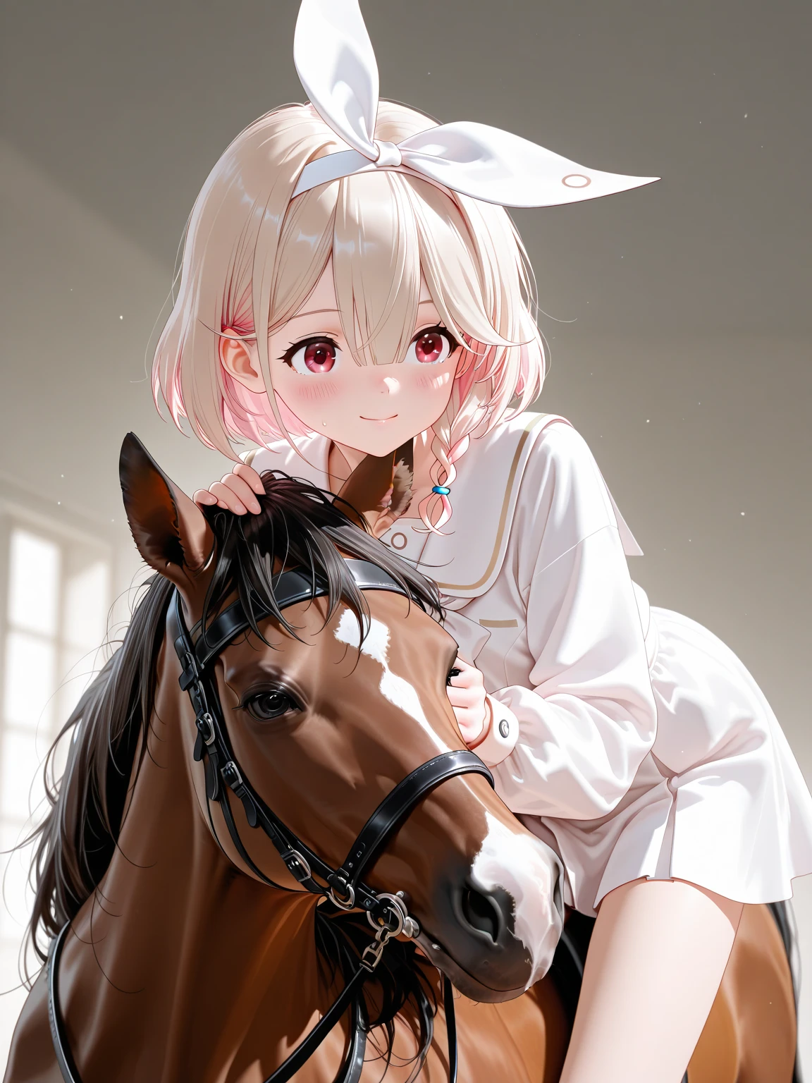 , 1 female fox, young, straight long white hair, riding on rocking horse, crying, brush, ambient light, full body, high quality, high-details, best quality, 