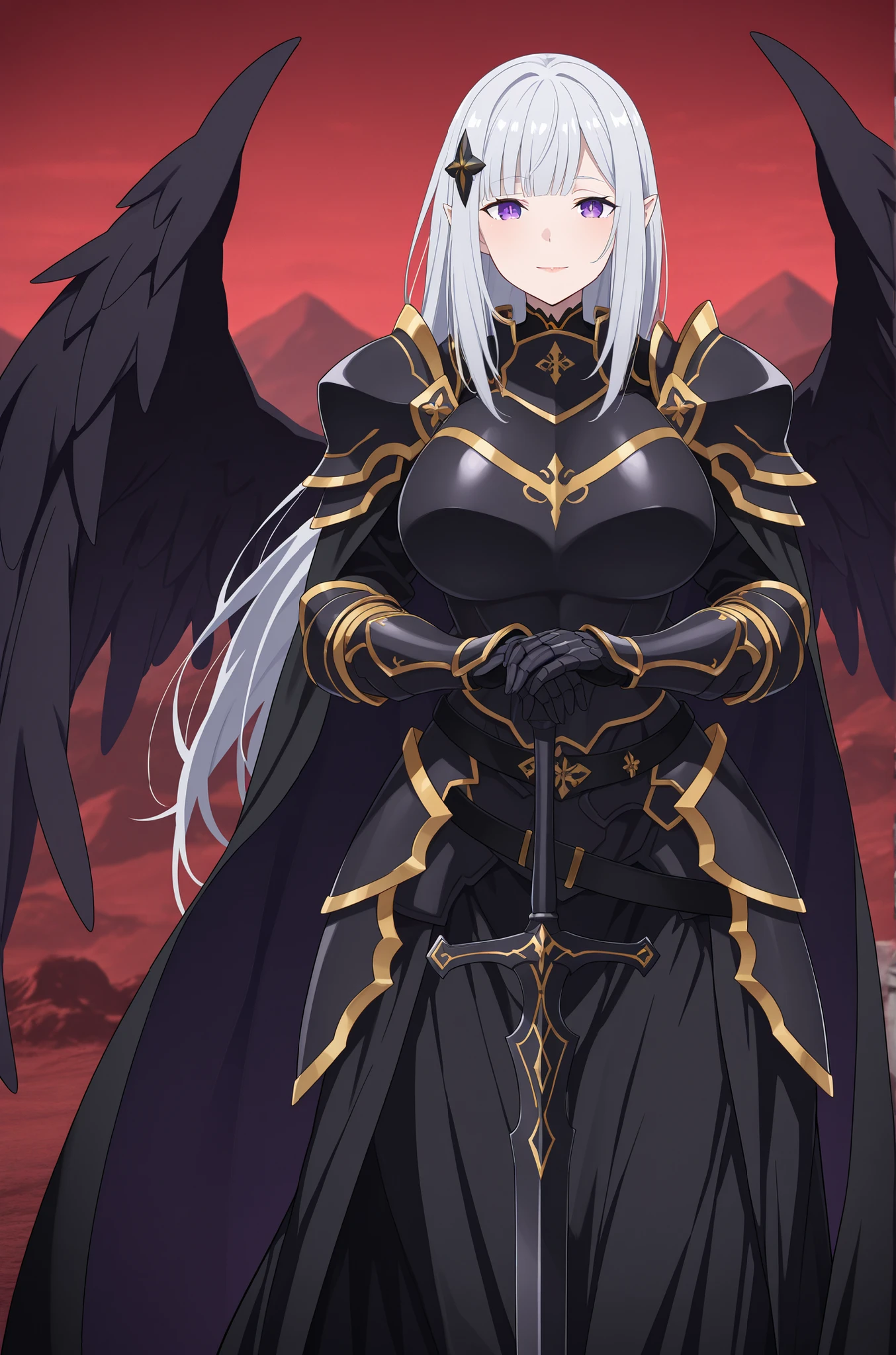(Score_9 , score_7:0 . 6) , (masterpiece , best quality , good quality , newest:0 . 6) anime coloring , adult ReZero, Solo, Satella-God, Anime, 1girl, Mature adult Female, pointy ears, long hair, hair ornament, silver hair, lips, purple eyes, big breasts, glamorous bodies, attractive bodies, big Curvy, Slutty, Neat, dark angel big wings, high body, closed mouth, light smile, ((knight, armored dress, black cape, black armor, pauldrons, gauntlets, black gloves, black belt, faulds, long skirt, black skirt,)), (((Sexy,))), hands on hilt , planted sword , standing , looking at viewer , cowboy shot , red sky , scenery , mountain , dark , photo background , blurry background 