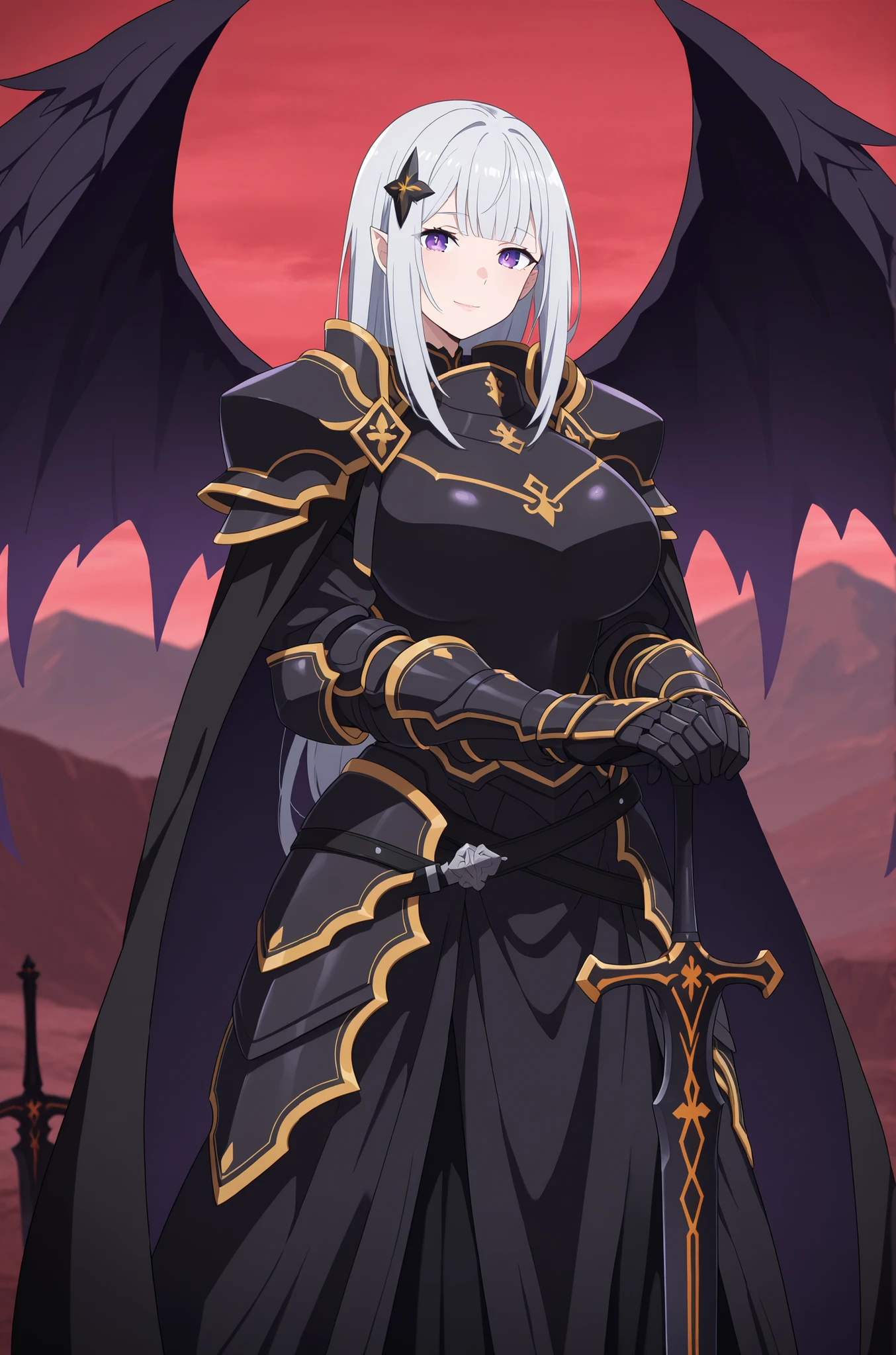 (Score_9 , score_7:0 . 6) , (masterpiece , best quality , good quality , newest:0 . 6) anime coloring , adult ReZero, Solo, Satella-God, Anime, 1girl, Mature adult Female, pointy ears, long hair, hair ornament, silver hair, lips, purple eyes, big breasts, glamorous bodies, attractive bodies, big Curvy, Slutty, Neat, dark angel big wings, high body, closed mouth, light smile, ((knight, armored dress, black cape, black armor, pauldrons, gauntlets, black gloves, black belt, faulds, long skirt, black skirt,)), (((Sexy,))), hands on hilt , planted sword , standing , looking at viewer , cowboy shot , red sky , scenery , mountain , dark , photo background , blurry background 