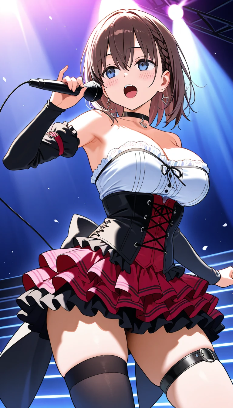 masterpiece, best quality, highres, 1girl, gradient hair, jewelry, earrings, piercing, glossy lips, lips parted, blush, iidol dress, miniskirt, flared skirt, thigh highs, cleavage, kitagawa marin, aichan, looking at viewer, short curly hair, twintails, ,  pose,  mood,