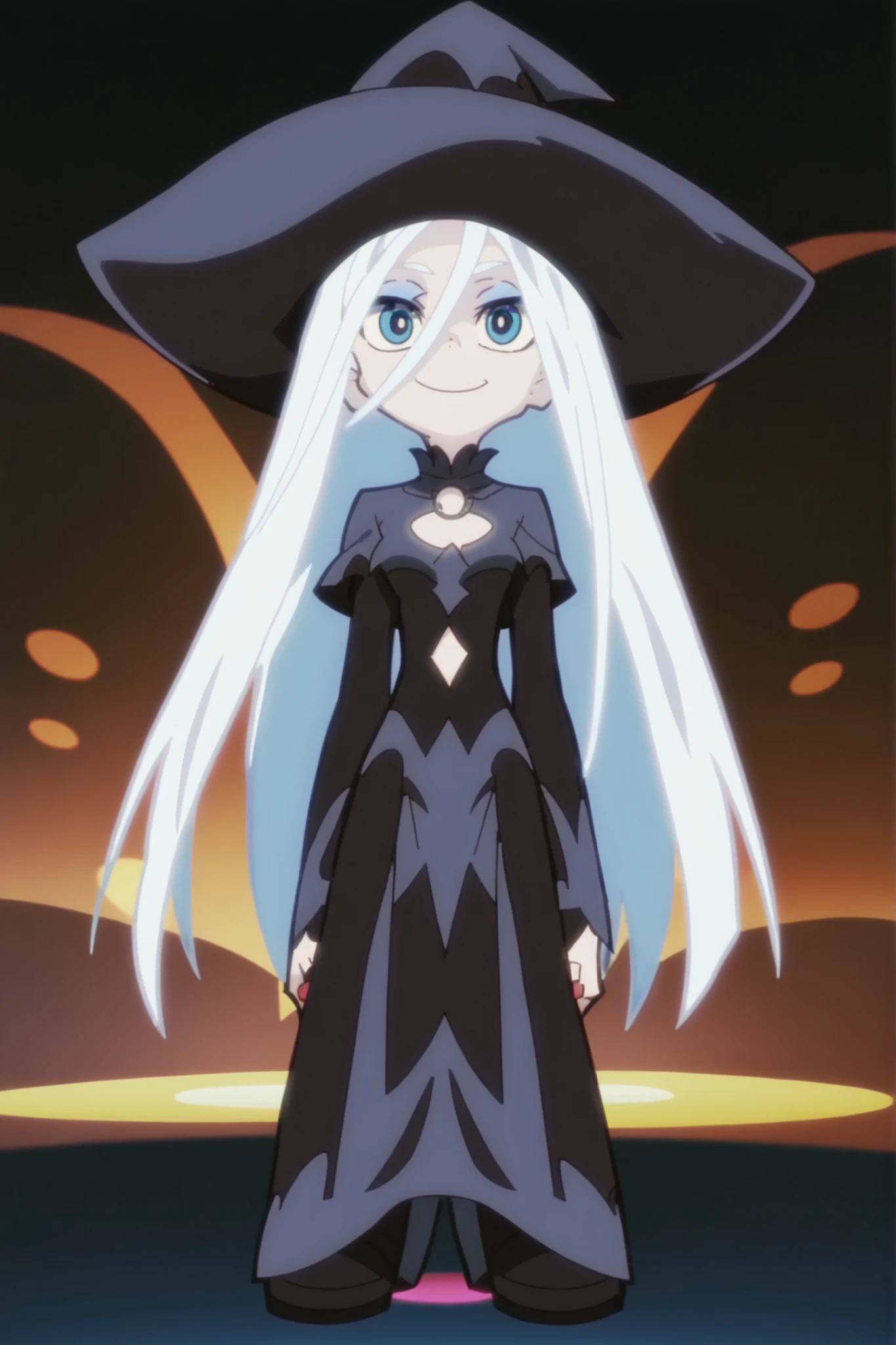 p&s style, screencap, anime, score_10, flat colors, woman, pale skin, blue eyes, silver hair, smiling, long hair, witch outfit, front view, full body