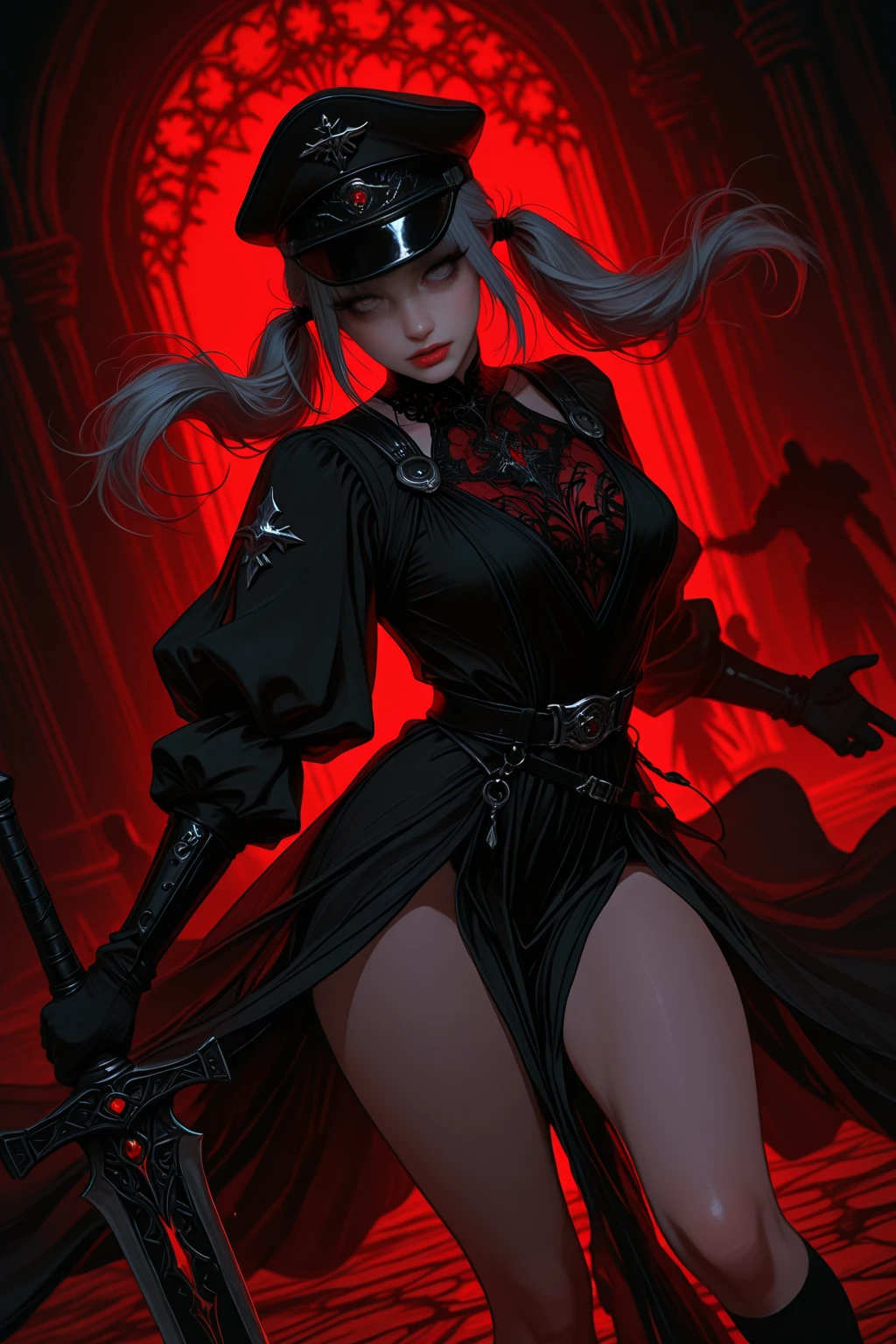 girl，黑色Face masks，Looking into the distance from the castle，alone，masterpiece，Highest quality，Gray Hair，Golden Eyes，Darkening，dark，Shadow Thing，，sneer，Looking down，Black Shadow，Black viscous liquid，dark，Black belly，Stable，Face masks，Cape，girl，masterpiece, Highest quality, Highest quality,wonderful,Beautiful red eyes,Exquisite detail,Depth of written boundary,Highly detailed CG synthesis 8k wallpaper, masterpiece,(((dark Gray Hair))),leader,(dark mist),{Flowing Hair},{Thick skull},(Beautiful details of the ruins),{Character close-up},(((whole body))),(The skin is smooth and shiny),(Smooth face、Shiny Hair),Perfect detail,Beautifully decorated medal, Holding a knife, (Blood splatter:1.7)