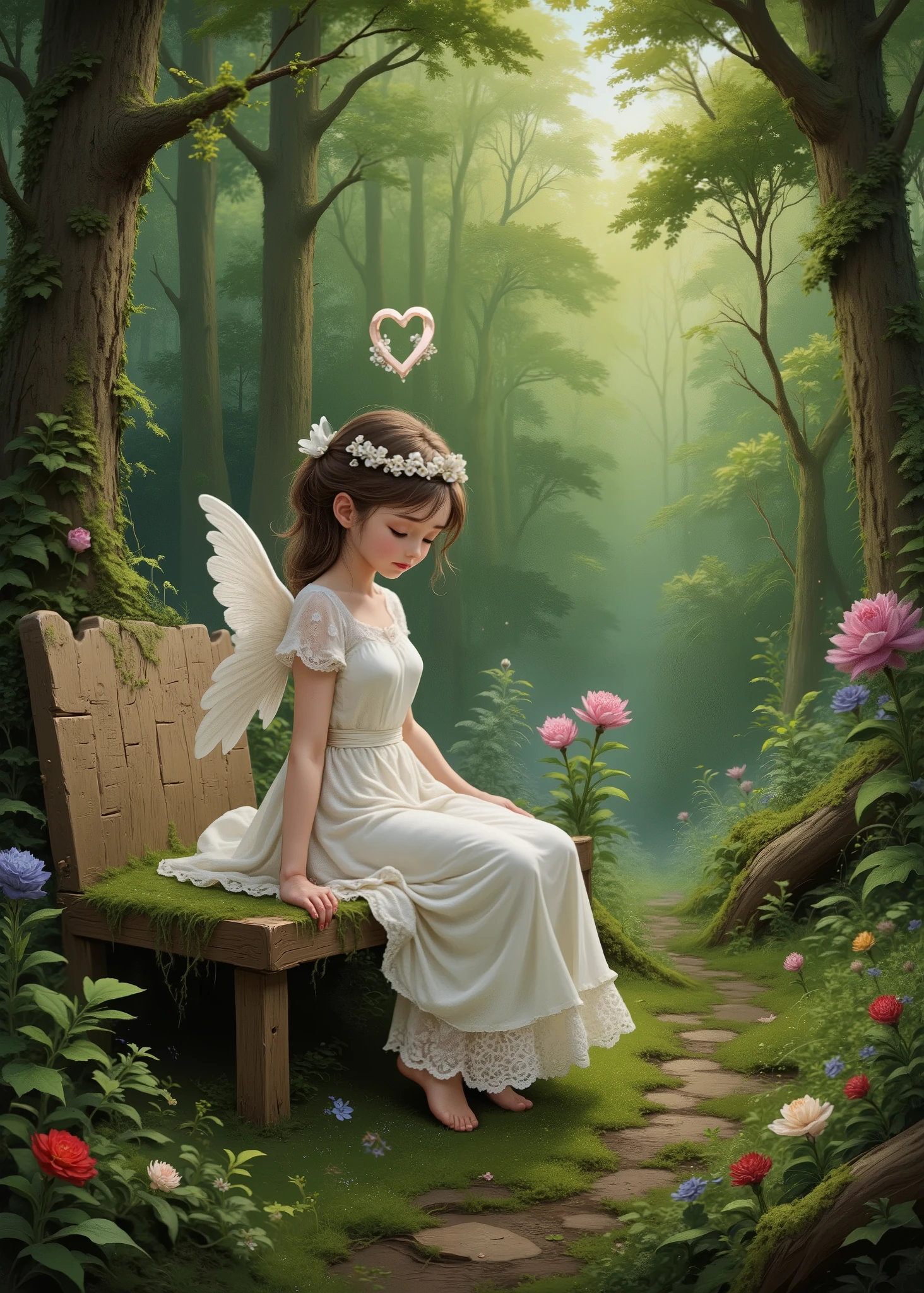 (Jean=Modern abstract oil painting design by François Millet ,masterpiece, high quality, high image quality, and high precision, photorealistic),fairy tale scene、Deep in the Forest、cute girl(On the Midori Grass、1 angel sitting on a mossy wooden bed、so cute、on the side、)、has a heart-shaped angel ring floating above her head、fairy tale、Fantastic Scene。