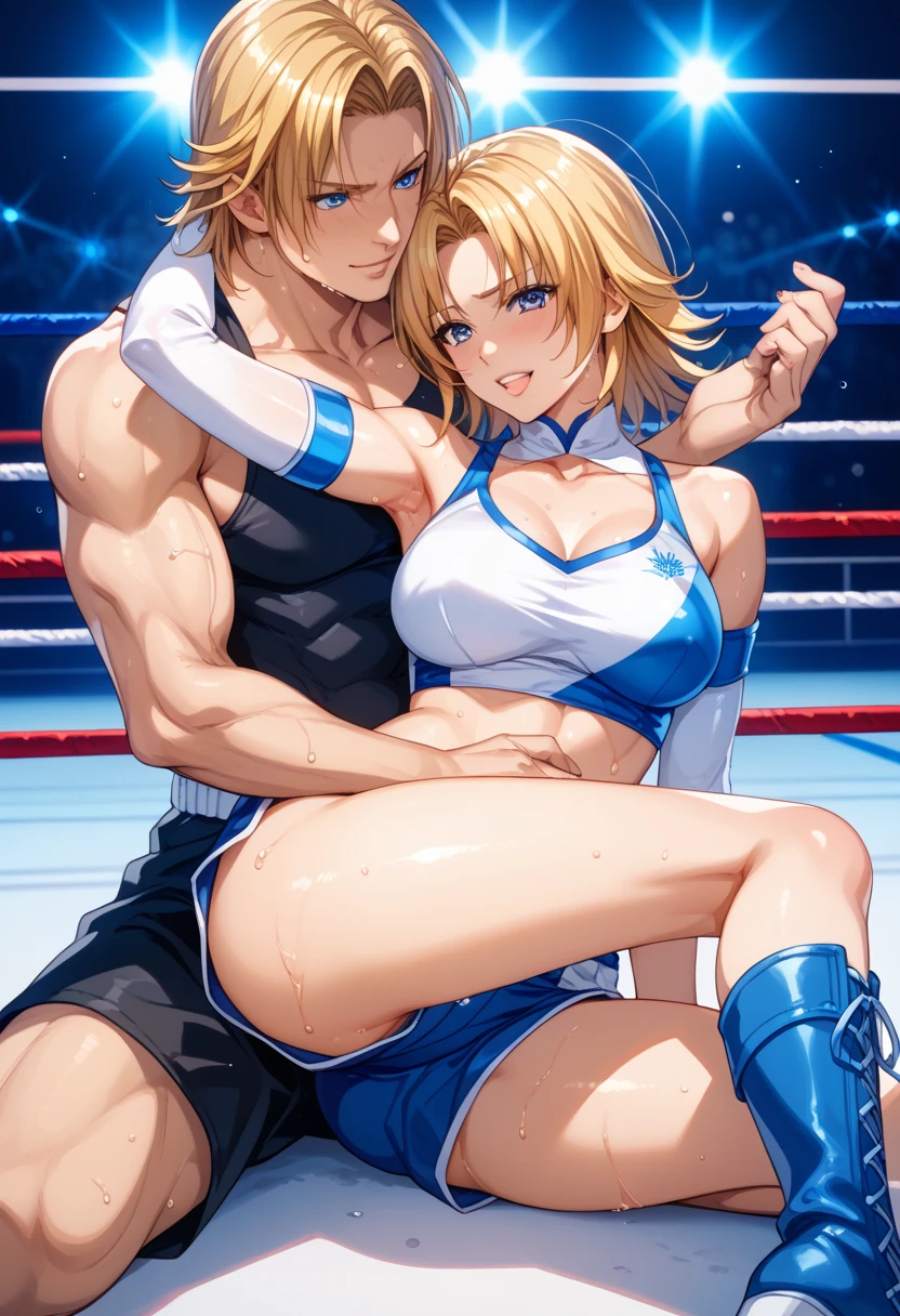 score_9, score_8_up, score_7_up, source_cartoon,takeda hiromitsu style, (1girl)and(1boy,tall stature)),hetero,(1girl),(fighter:1.4),(long hair, french braid),straight hair, (blonde hair), light blue eyes, (), pale skin,shiny skin, (rolling eyes:1.4),(ahegao),(trembling), erectile , ((She wears princess dress, black pantyhose)),  in pussy,(cum on clothes:1.4),  on body,cum in mouth,cum on hair,excessive , (1boy,tall stature:1.4),large penis,blonde hair, ((((hug )))),  , standing , ((((motion lines)))), vulgarity,(wrestling ring),