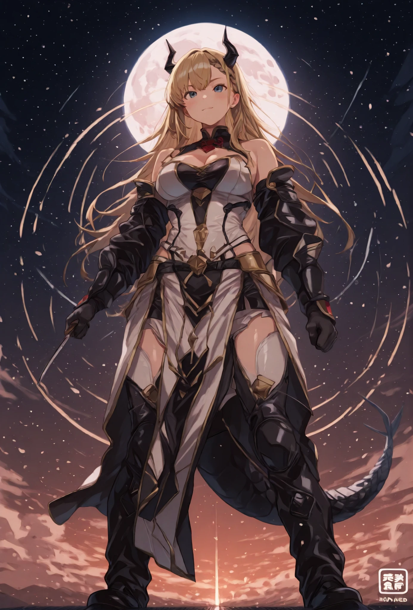 筋肉質の, 角のある男が、大きな宇宙を背景に、激しい表情で立っている, 輝く満月と散りばめられた星. 彼は短い金髪です, 髭の濃い暗い男, そして長い, 左肩に編み込まれたポニーテールが流れ落ちている. 羽根飾りのついた部族風のネックレスが彼の裸の体を飾っている, 筋肉質な胸部. 彼は暗い色の服を着ている, 左には華やかな肩当てが付いている, 左腕と右の上腕二頭筋からは渦巻く紫色のエネルギーが放射されている. 彼の服装は明るい茶色で、, 黒いズボンの上には模様のあるスカートのような衣服を着ている, そして青緑色の宝石が付いた目立つベルトのバックル. 黒い手袋が彼の手を覆っている, 握りこぶし, と黒いブーツを履いている. 暗い, 左足の後ろには湾曲した尻尾が見える, そして彼の周りにはかすかな金色のエネルギーの弧が描かれている. 画像の下部はオレンジがかった茶色に変わり、きらめく点が描かれている, 遠くの地平線を連想させる.