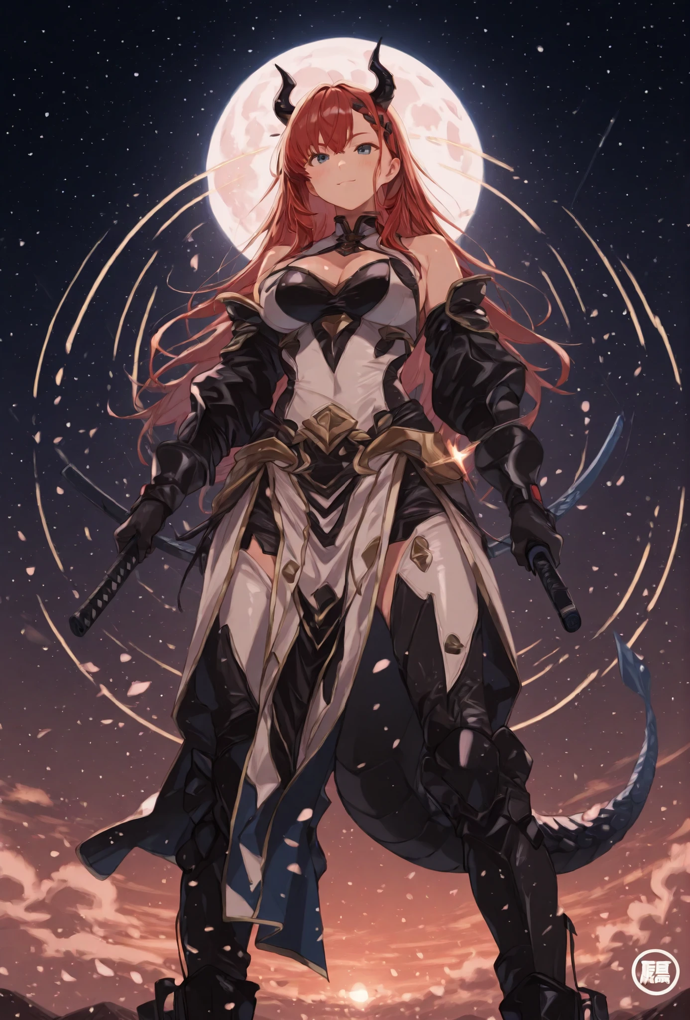 筋肉質の, 角のある男が、大きな宇宙を背景に、激しい表情で立っている, 輝く満月と散りばめられた星. 彼は短い金髪です, 髭の濃い暗い男, そして長い, 左肩に編み込まれたポニーテールが流れ落ちている. 羽根飾りのついた部族風のネックレスが彼の裸の体を飾っている, 筋肉質な胸部. 彼は暗い色の服を着ている, 左には華やかな肩当てが付いている, 左腕と右の上腕二頭筋からは渦巻く紫色のエネルギーが放射されている. 彼の服装は明るい茶色で、, 黒いズボンの上には模様のあるスカートのような衣服を着ている, そして青緑色の宝石が付いた目立つベルトのバックル. 黒い手袋が彼の手を覆っている, 握りこぶし, と黒いブーツを履いている. 暗い, 左足の後ろには湾曲した尻尾が見える, そして彼の周りにはかすかな金色のエネルギーの弧が描かれている. 画像の下部はオレンジがかった茶色に変わり、きらめく点が描かれている, 遠くの地平線を連想させる.