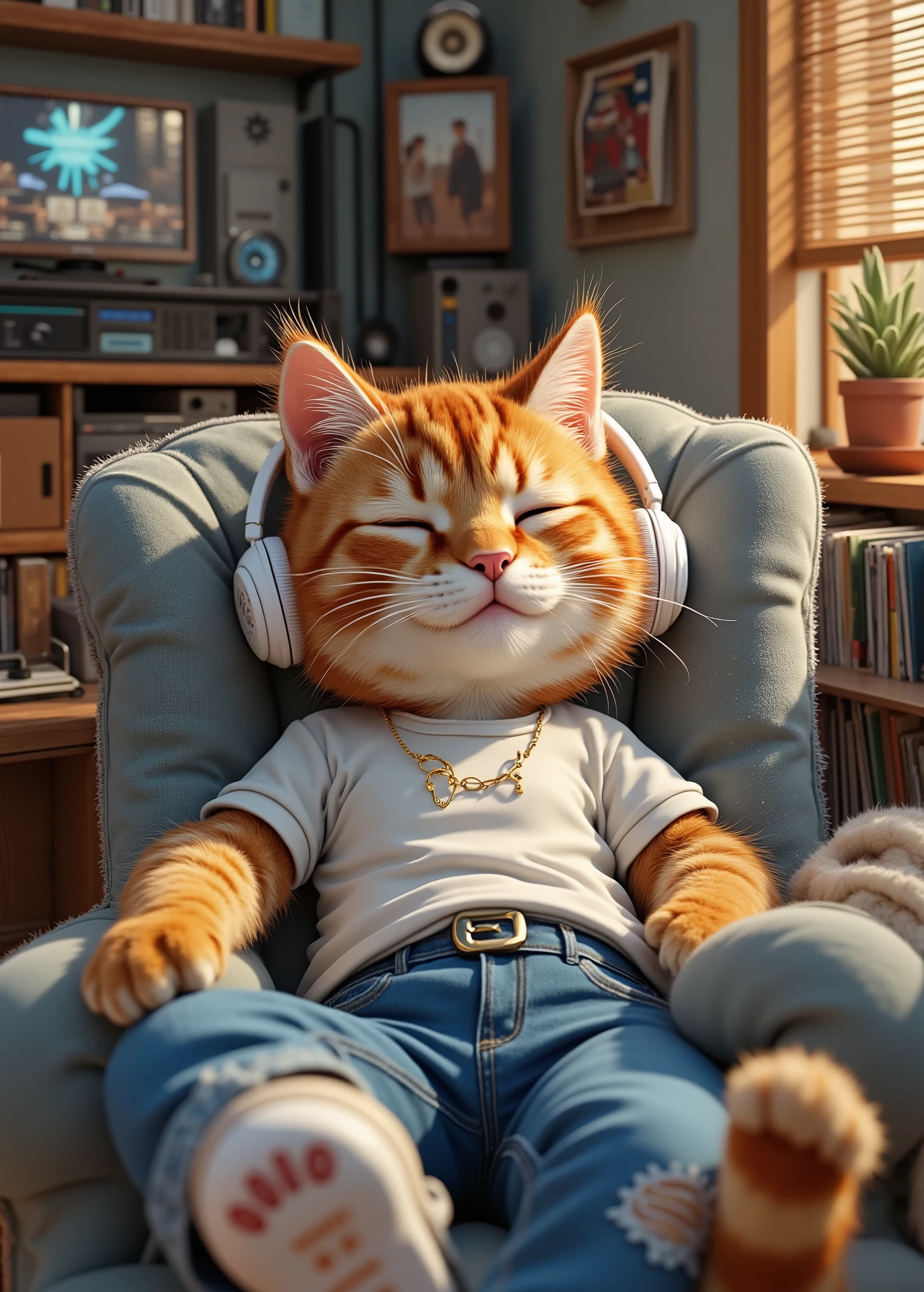 8k resolution,ultra fine,is very realistic,professional lighting,3d rendering,tabby cat,t-shirt and jeans、Listen to records with、white headphones in the audio room,Softlines,watercolor texture