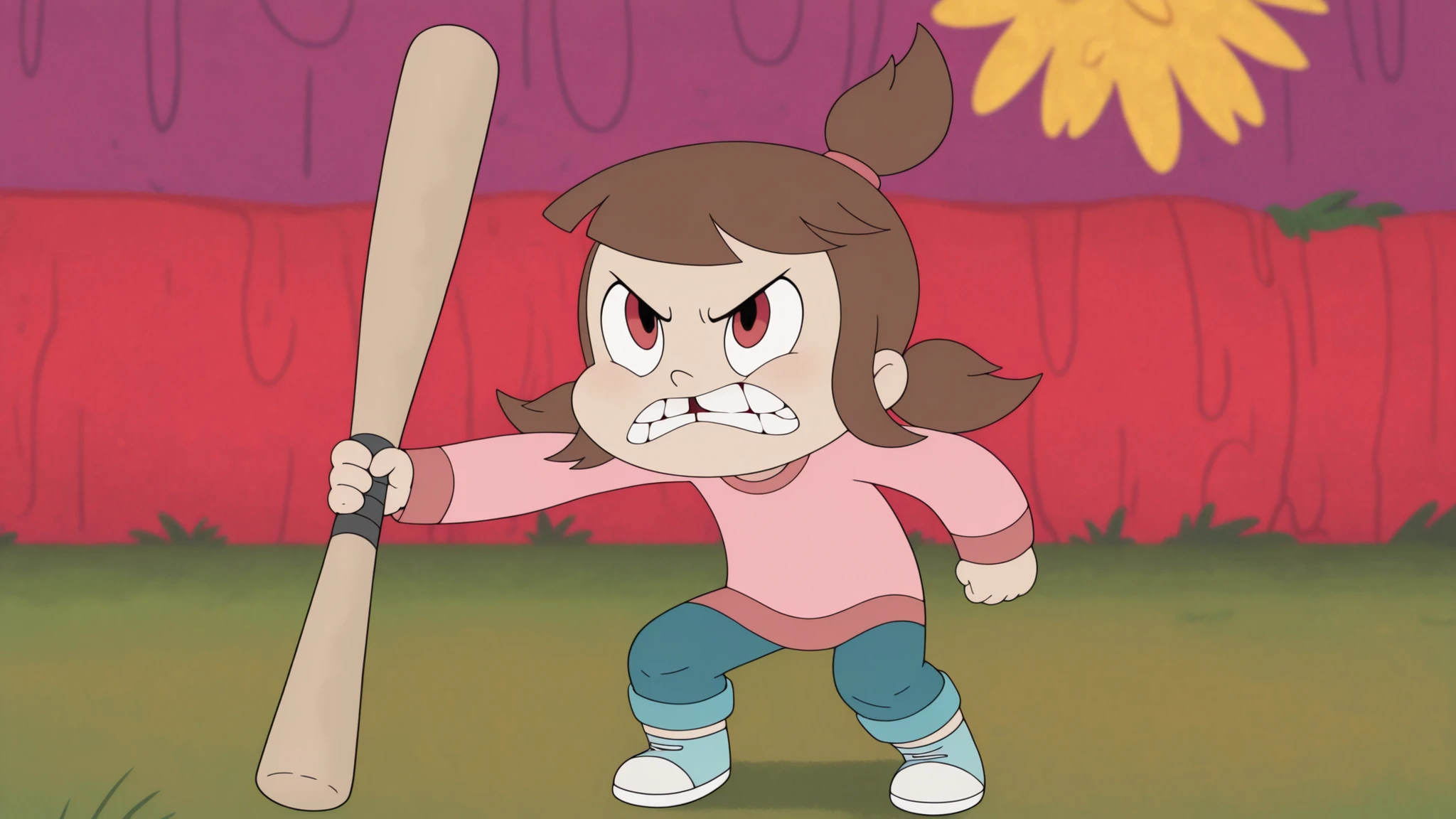 a_ey, missing tooth, 1girl, black eyes, brown hair, bangs, ponytails, high ponytail, elastic band,longsleeve, pants, sneakers, looking at viewer, very serious, baseball bat, Furious, rage, angry, red Eyes, (z0nkn3w:1),