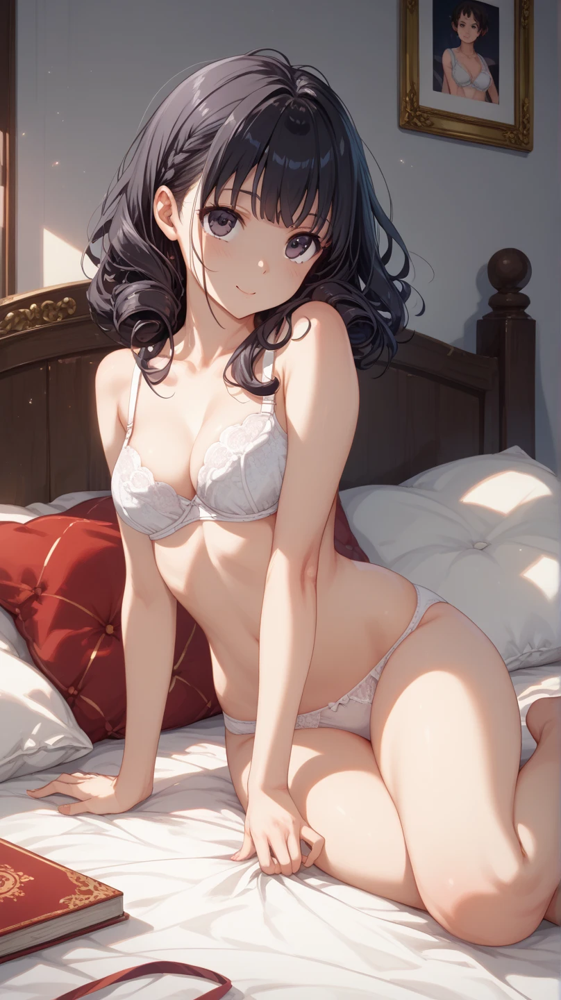 SNFW,1 girl,Anatomically correct limbs,Wearing only a bra and panties,Sitting on the bed with his back to me,Remove your bra