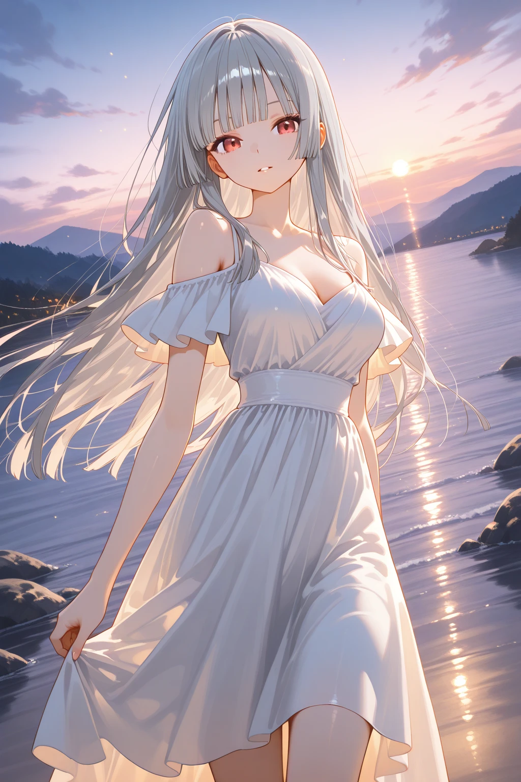 beach，look up，long white hair，full body, dark