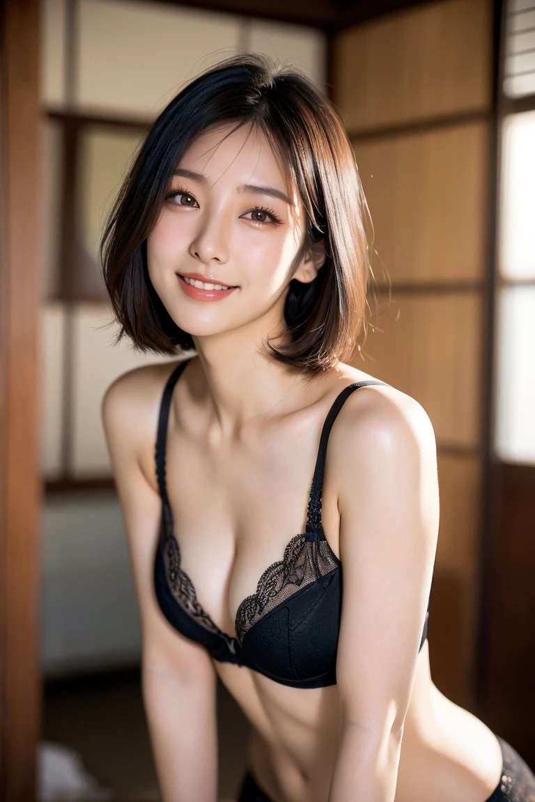 205 ((short hair)), 20-year-old female, In underwear、cardigan、Open your mouth、smile、Beautiful teeth alignment、Black Hair、ear piercing、Necklace around the neck、Looking into the camera, Waiting for the start