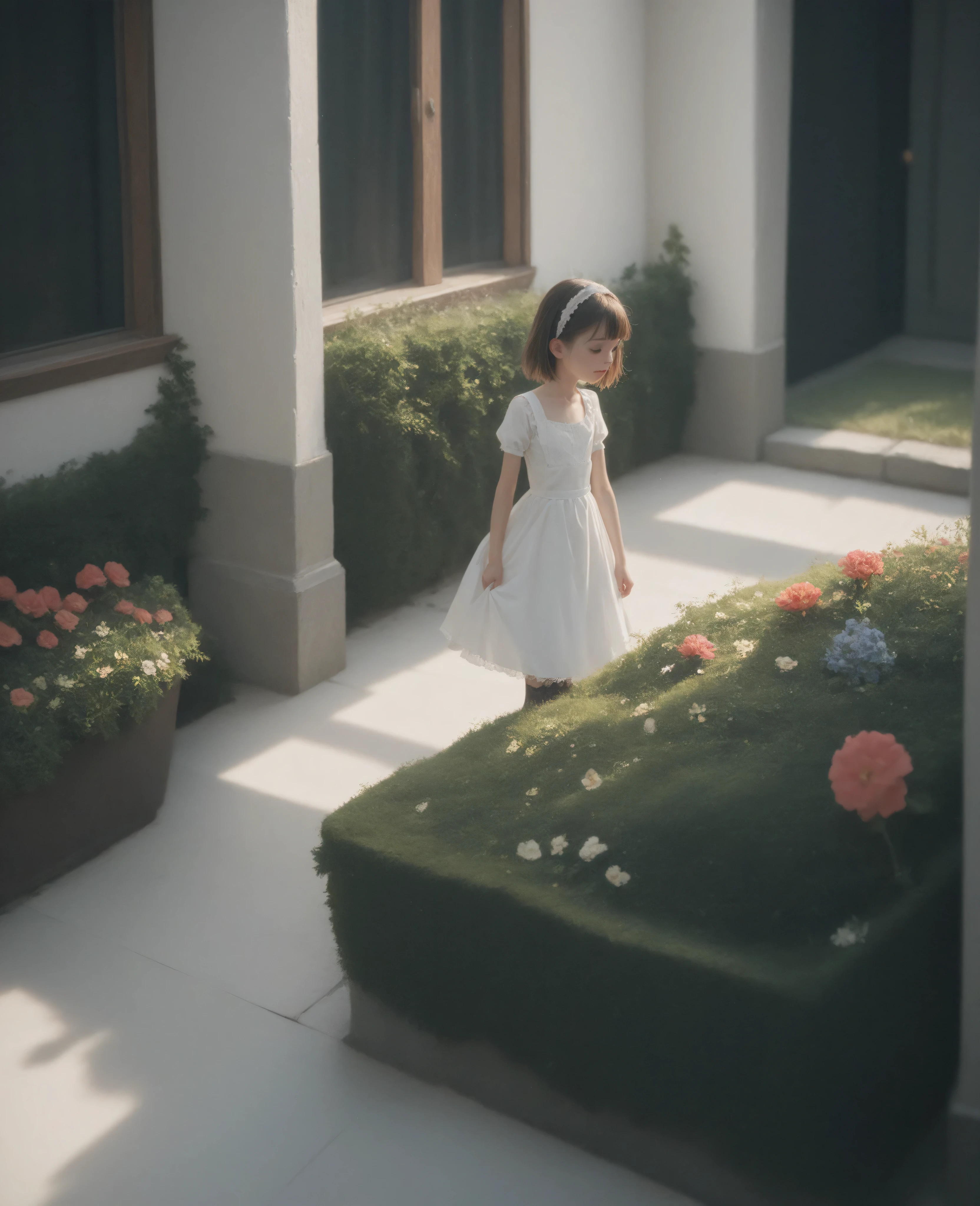 1 girl、maids,watch viewers,(skinny:1.46),(younger:1.32),from above,Leaning Forward,(big boobs:-0.19),is watering flowers outside the mansion,japanese,(Smile Yang:0.24),black lace stockings
