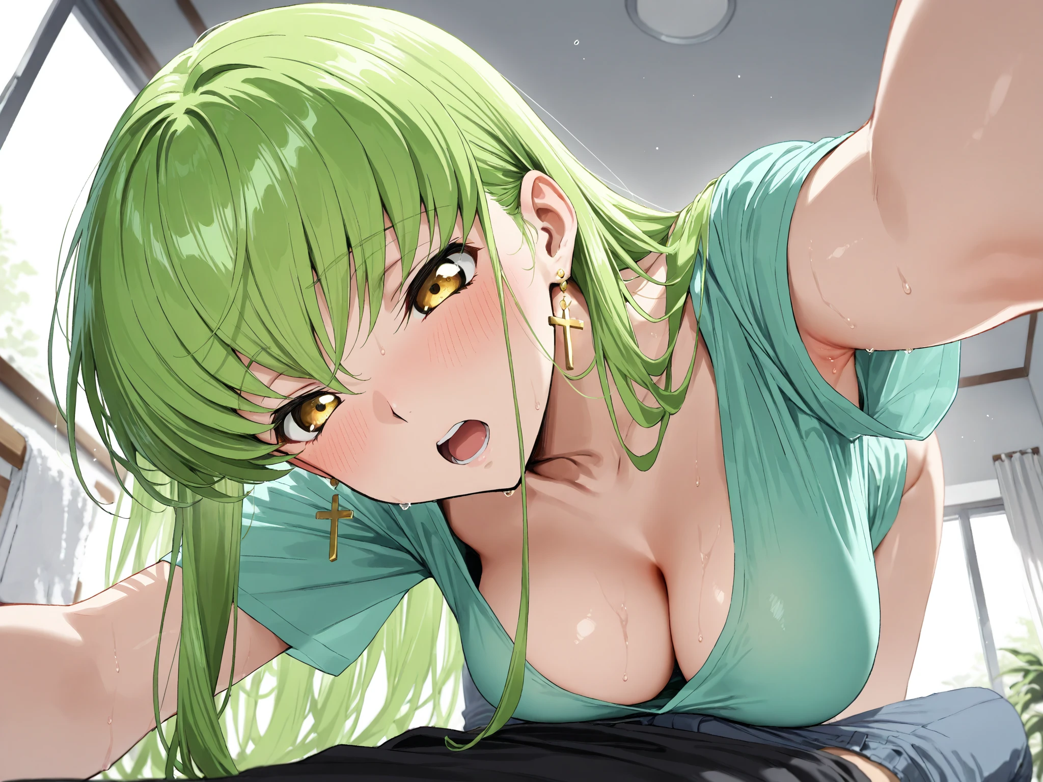 (masterpiece, best quality:1.2), 1girl, solo,standing_split, ubel, green hair, side ponytail, purple eyes, arm strap,  shoulders, black gloves, single glove, (((large  breasts with ))), ((beautiful breasts and )), ((perfect  and breasts)), detail_face， eyeslashes，shinny hair