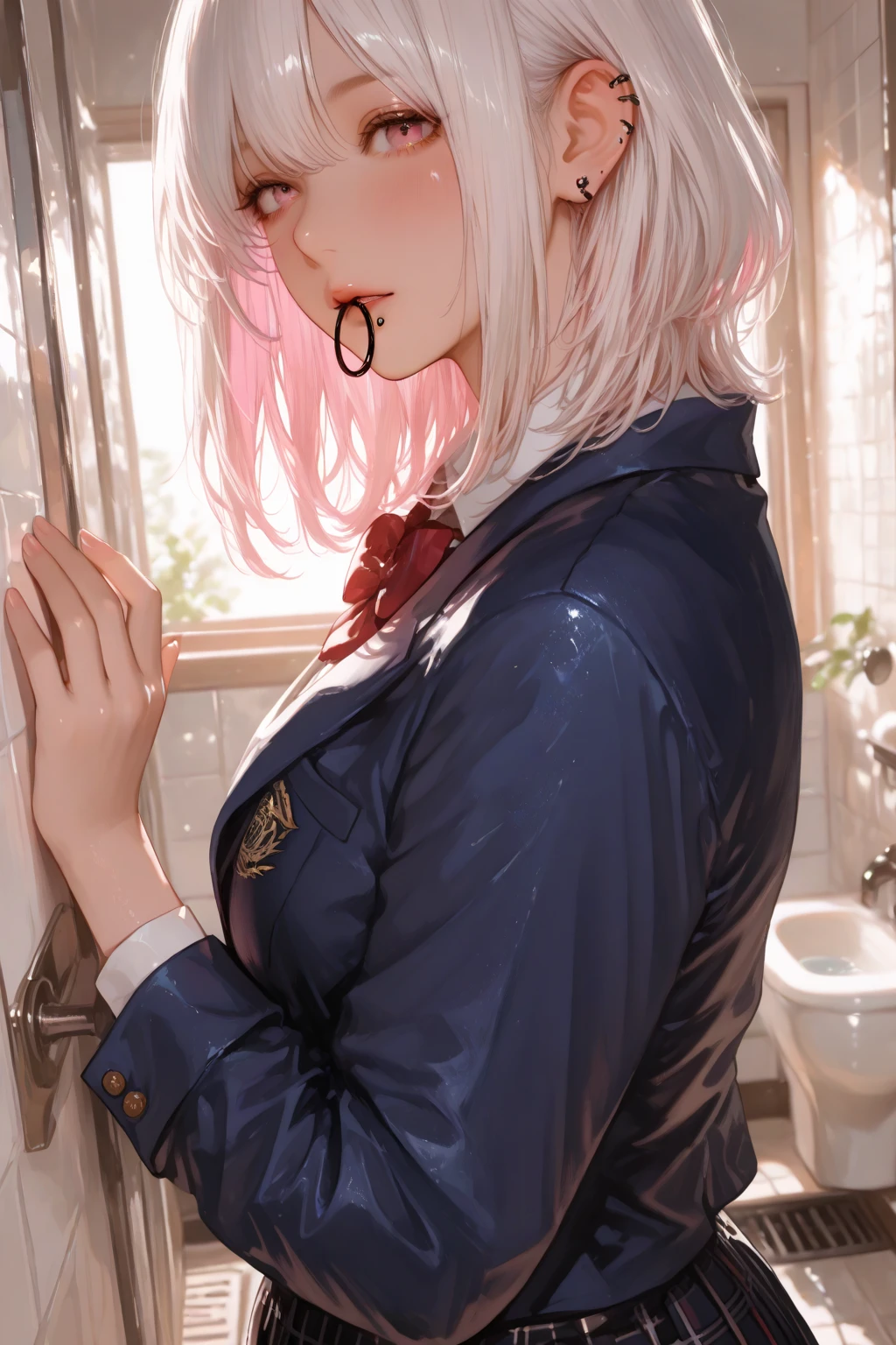 Best picture quality, 8K, tmasterpiece:1.3)),  Beautiful woman with slender abs:1.3, (Casual hairstyle, Leaky big breasts:1.2), hands tied behind her back, shift dresses:1.1, Ultra-fine face, pink rose hair, ((underboob)),A detailed eye, double eyelid，(:1.3)， swimsuit at home, and its fullness, Wet clothes, hyper HD, Masterpiece, High details, High quality, Massut works of the highest quality, of the highest quality, hyper HD, max res, Very detailed, Clean skin, アニメ, full body, slender, Very cute, , Braided hair, lying down, wide , Raised Legs, , half-, Half flows down, Wet clothes,, Clothing visible at the tip of the chest, Sweat, Light clothes, clothes with a  tummy, underbust, Embarrassed, Blushing, kneeling, sideviewblowjob, sitting on her knees, spread thighs, hands tied behind, sexy pose, kneeling, sexy maid dress, eye contact with a man above her, a man standing above her, (looking up at a man:1.6), intense eye contact