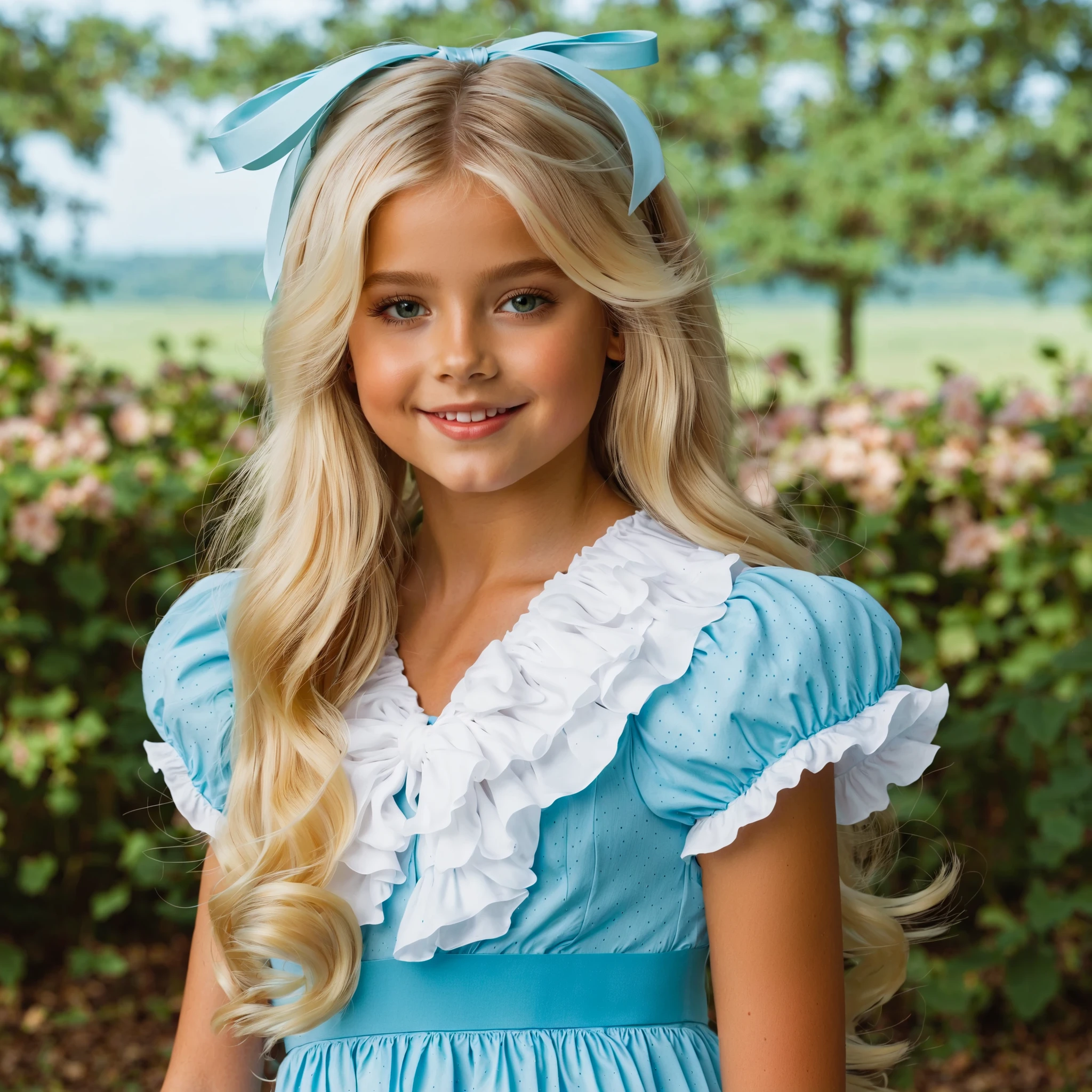 top quality, masterpiece, Highest Resolution, art work, super それにget used to it, many get used to it, get used to it, それにget used to it, 3k photos,((American girls from the 1970s,blonde long hair)),Ruffle and Bow Dress,Smile Yan,Model,((10 years old)),,((Full Body,Distant view:1.0)),