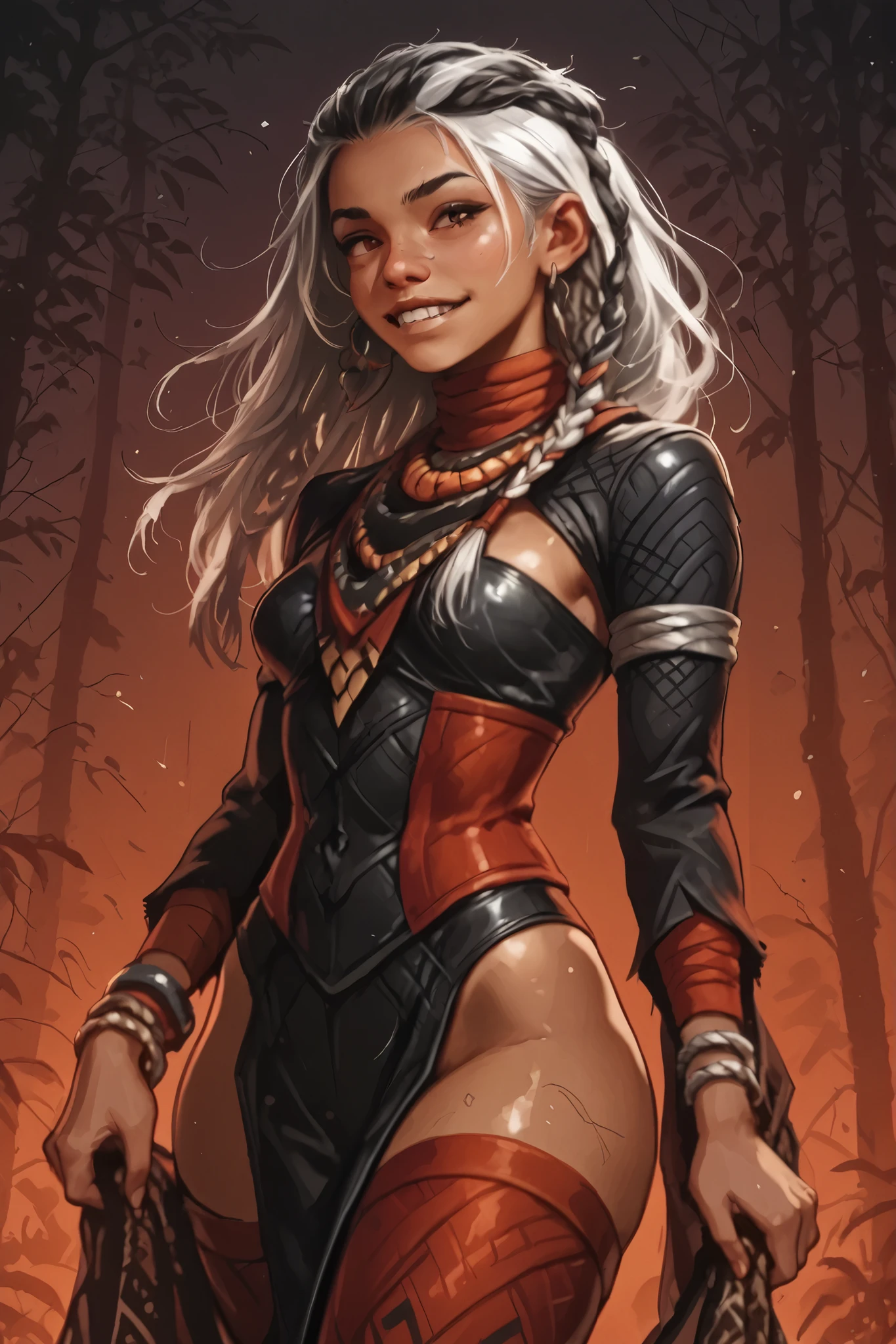 Woman looks like a mix of Elena and Juri Han from Street Fighter 6. bronze-colored and brown skin. She has a horizontal scar over her nose. She has sharp teeth. pointed fangs in her mouth. your body is athletic, with muscles and abs. B-Cup. Sie hat rote, schmale, asiatische Augen, A pretty, And young face and white braids. The Inca clothing is made from the finest latex (Schlangenhaut-Optik): an elegant dress with long sleeves, corsage and high stockings, plus silver bracelets, and an amber necklace. atmospheric lighting. looks at the viewer. She has an innocent smile with lots of sharp teeth. Keine Tiere im Bild. Hintergrund: spanischer, medieval salon, strong lineart, hdr, hdr colours, creepy atmosphere, keine Monster, hdr colours. Sharp. HD. Fake box art.