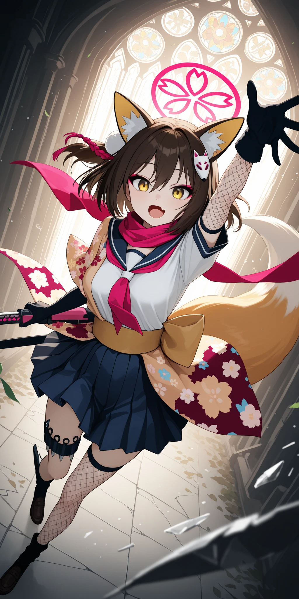 scarf, yellow eyes, tail, 1girl, fox tail, fox girl, open mouth, hair between eyes, solo, from above, arm up, makeup, fishnets, skin fang, animal ears, skirt, animal ear fluff, izuna (blue archive), serafuku, looking at viewer, (velvet gloves:1.2), school uniform, fang, leaf, brown hair, fox ears, halo, breasts, ruined cathedral, shattered stained glass, moonbeam shafts, soft fog, floating dust, abstract light patterns, high contrast, dark fantasy setting, subtle depth of field, surreal atmosphere, poetic composition, dynamic pose(Close-Up), focus on weapon and gloves, cinematic framing, dramatic angle, controlled movement, motion streaks, sharp silhouette, clean foreground separation