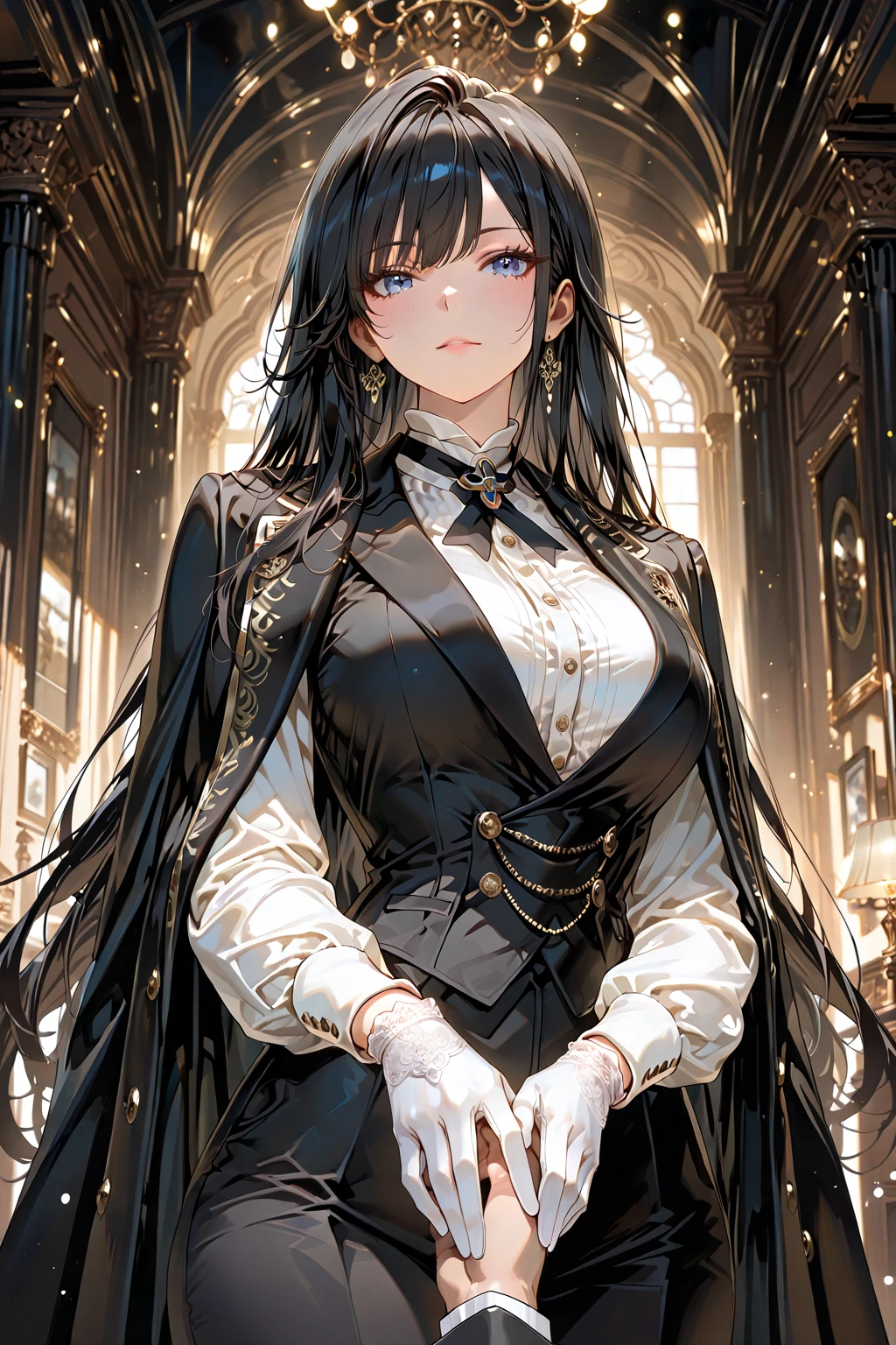 girl with long black hair with blue eyes and gray sparkles, broad  and small waist 