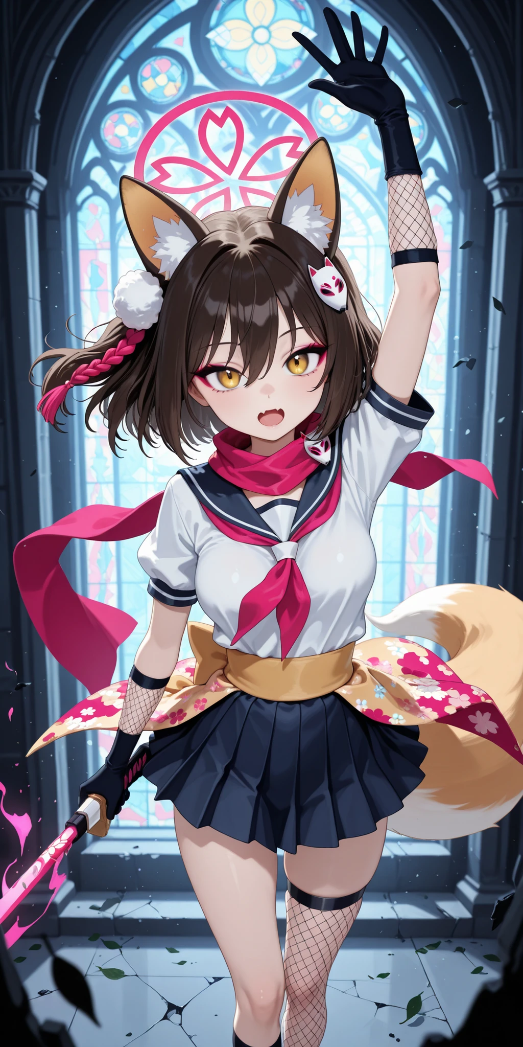scarf, yellow eyes, tail, 1girl, fox tail, fox girl, open mouth, hair between eyes, solo, from above, arm up, makeup, fishnets, skin fang, animal ears, skirt, animal ear fluff, izuna (blue archive), serafuku, looking at viewer, (velvet gloves:1.2), school uniform, fang, leaf, brown hair, fox ears, halo, , ruined cathedral, shattered stained glass, moonbeam shafts, soft fog, floating dust, abstract light patterns, high contrast, dark fantasy setting, subtle depth of field, surreal atmosphere, poetic composition, dynamic pose(Close-Up), focus on weapon and gloves, cinematic framing, dramatic angle, controlled movement, motion streaks, sharp silhouette, clean foreground separation