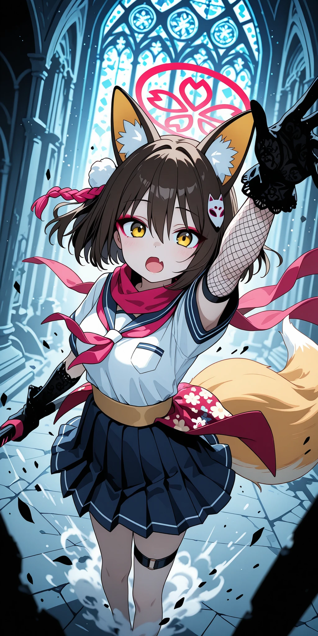 scarf, yellow eyes, tail, 1girl, fox tail, fox girl, open mouth, hair between eyes, solo, from above, arm up, makeup, fishnets, skin fang, animal ears, skirt, animal ear fluff, izuna (blue archive), serafuku, looking at viewer, (velvet gloves:1.2), school uniform, fang, leaf, brown hair, fox ears, halo, , ruined cathedral, shattered stained glass, moonbeam shafts, soft fog, floating dust, abstract light patterns, high contrast, dark fantasy setting, subtle depth of field, surreal atmosphere, poetic composition, dynamic pose(Close-Up), focus on weapon and gloves, cinematic framing, dramatic angle, controlled movement, motion streaks, sharp silhouette, clean foreground separation