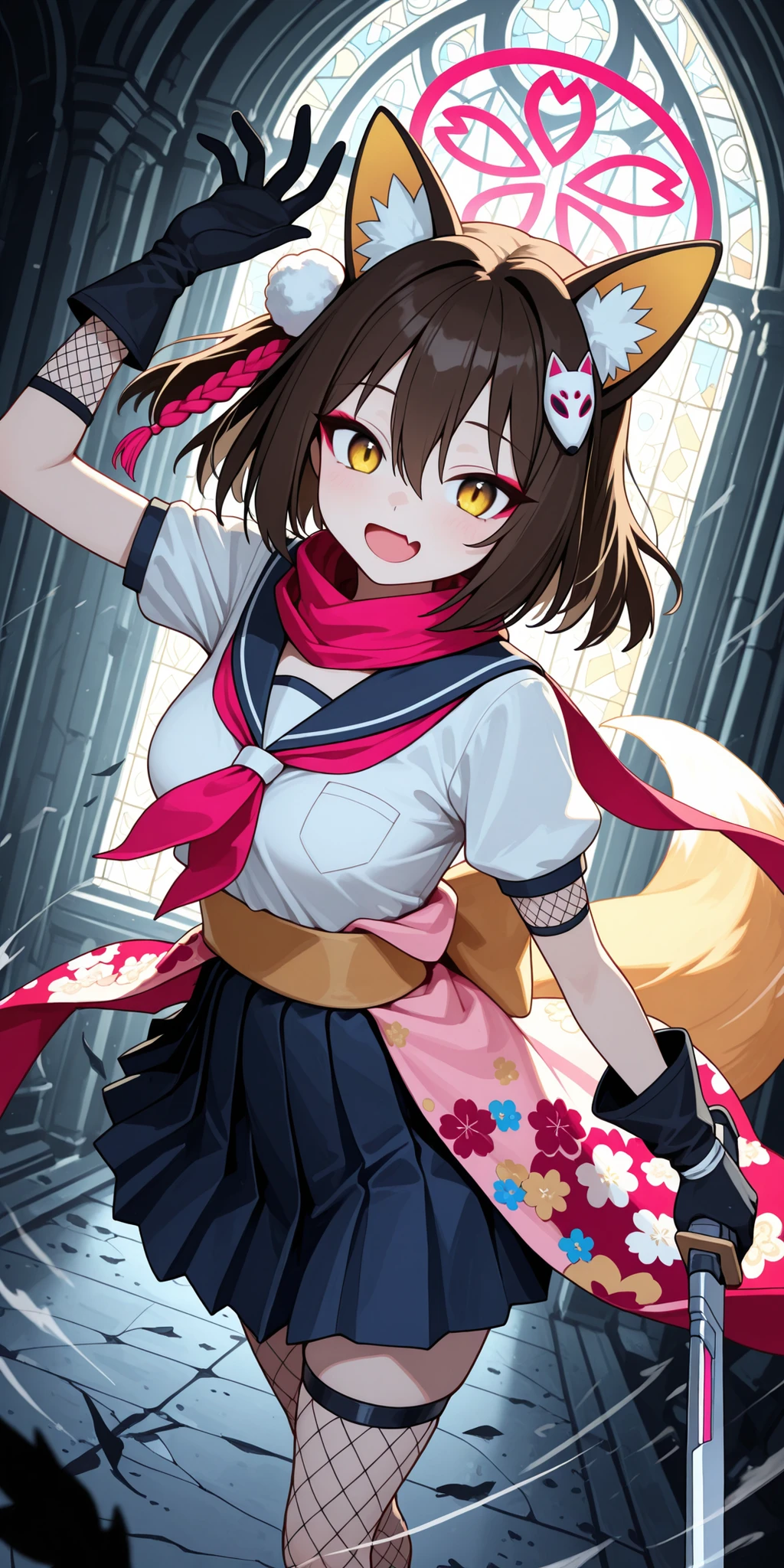 scarf, yellow eyes, tail, 1girl, fox tail, fox girl, open mouth, hair between eyes, solo, from above, arm up, makeup, fishnets, skin fang, animal ears, skirt, animal ear fluff, izuna (blue archive), serafuku, looking at viewer, (velvet gloves:1.2), school uniform, fang, leaf, brown hair, fox ears, halo, , ruined cathedral, shattered stained glass, moonbeam shafts, soft fog, floating dust, abstract light patterns, high contrast, dark fantasy setting, subtle depth of field, surreal atmosphere, poetic composition, dynamic pose(Close-Up), focus on weapon and gloves, cinematic framing, dramatic angle, controlled movement, motion streaks, sharp silhouette, clean foreground separation