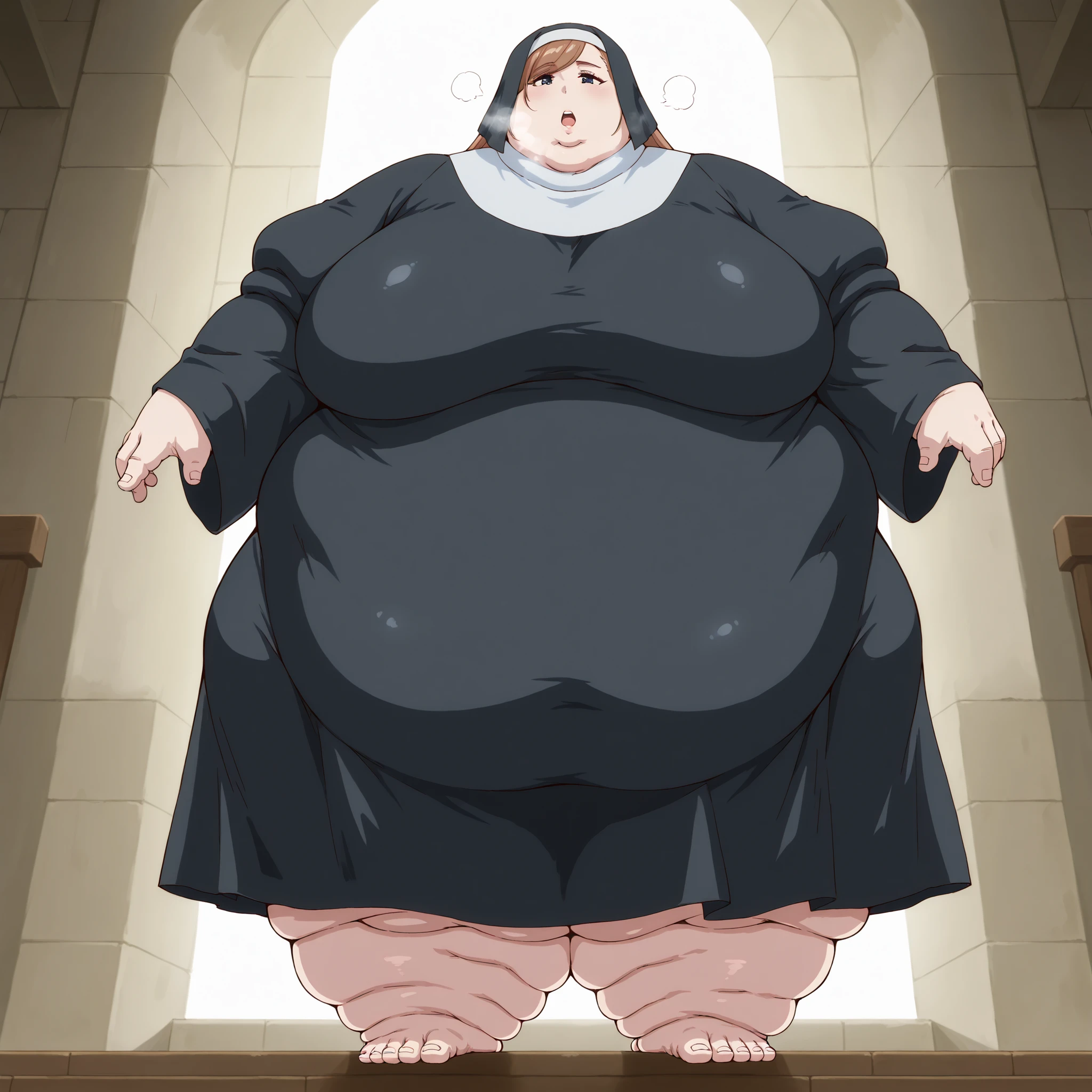 fabinikupriestess, brown hair, long hair, blue eyes, nun, habit, breasts, fat, chubby, obese, fat neck, multiple chins, big breasts open mouth, out of breath, Larger female, full body shot, only head, large head, oversized limbs, large hands, large feet, oversized feet, oversized fingers, big lips, plump lips, fat face, fupa, big fupa, fat fupa,  