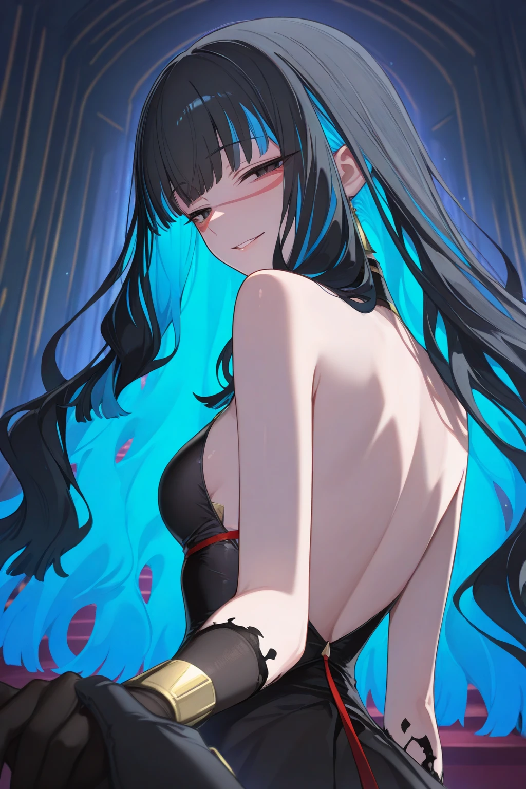 ((mejor calidad)), ((Obra maestra)), (detallado), cara perfecta, Joven de cabello ????? largo y lacio, ojos rojos, pale skin, asian factions, 19 years, esbelta, busto mediano, bonitas curvas, estilo anime, elegante, only character in the image, red eyes, waiting for you, cute face, ????, black hair, ???? posse, pegada a la pared, piernas abiertas, Scantily clad 