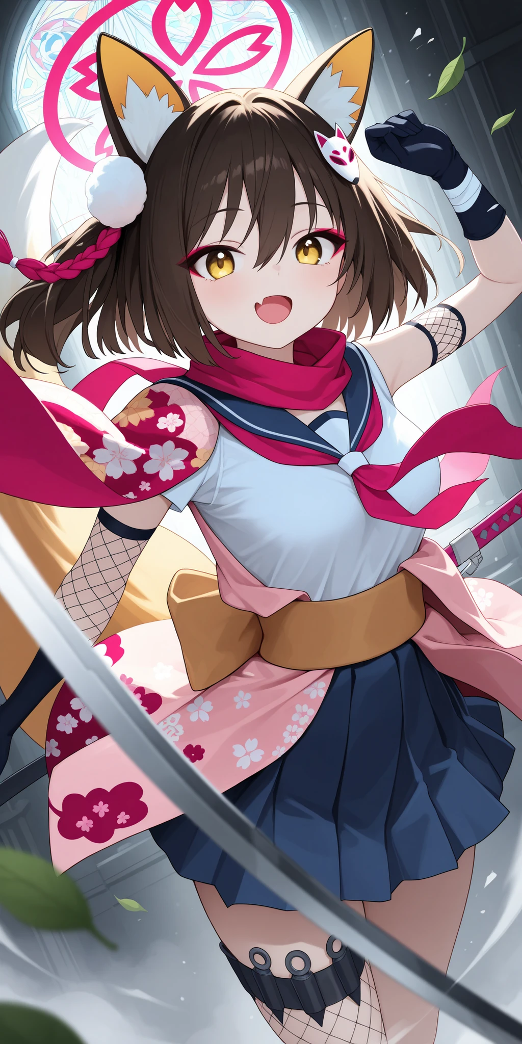 scarf, yellow eyes, tail, 1girl, fox tail, fox girl, open mouth, hair between eyes, solo, from above, arm up, makeup, fishnets, skin fang, animal ears, skirt, animal ear fluff, izuna (blue archive), serafuku, looking at viewer, (velvet gloves:1.2), school uniform, fang, leaf, brown hair, fox ears, halo, breasts, ruined cathedral, shattered stained glass, moonbeam shafts, soft fog, floating dust, abstract light patterns, high contrast, dark fantasy setting, subtle depth of field, surreal atmosphere, poetic composition, dynamic pose(Close-Up), focus on weapon and gloves, cinematic framing, dramatic angle, controlled movement, motion streaks, sharp silhouette, clean foreground separation
