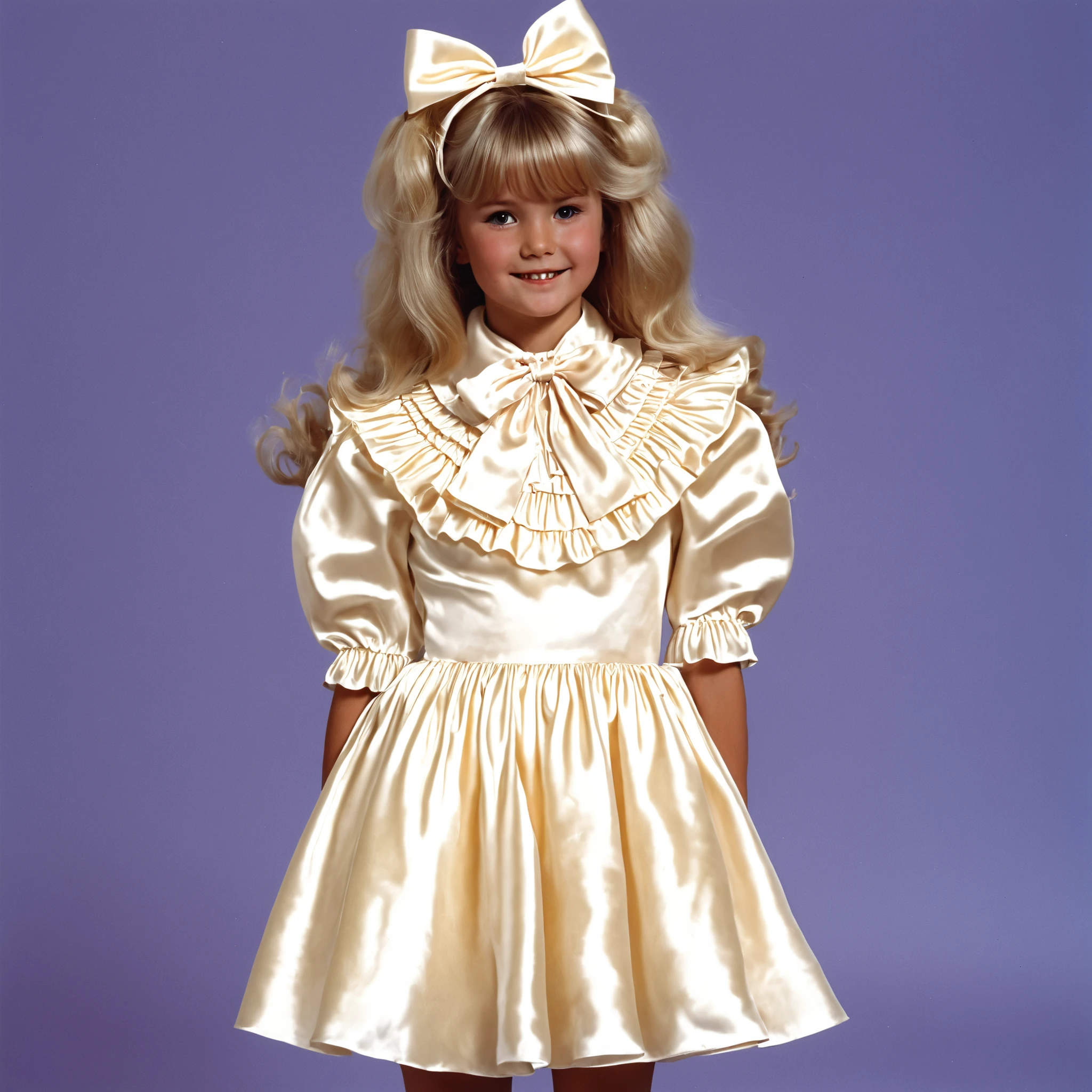 top quality, masterpiece, Highest Resolution, art work, super それにget used to it, many get used to it, get used to it, それにget used to it, 3k photos,((American girls from the 1970s,blonde long hair)),silk satin ruffle bow dress,Midi Skirt,puff sleeve,ruffled yoke collar,Smile Yan,Model,((10 years old)),,((Full Body,Distant view:1.0)),