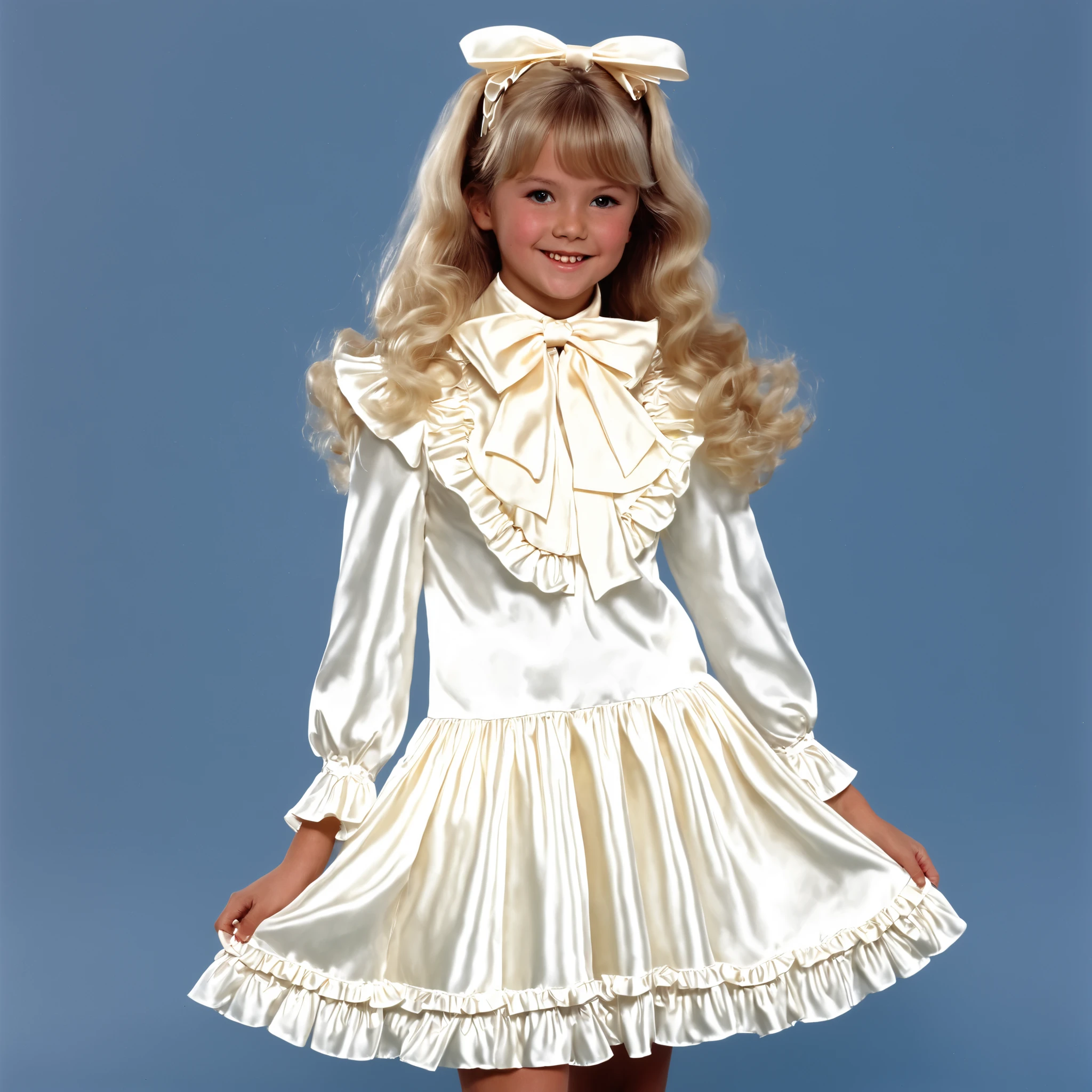 top quality, masterpiece, Highest Resolution, art work, super それにget used to it, many get used to it, get used to it, それにget used to it, 3k photos,((American girls from the 1970s,blonde long hair)),silk satin ruffle bow dress,Midi Skirt,puff sleeve,ruffled yoke collar,Smile Yan,Model,((10 years old)),,((Full Body,Distant view:1.0)),