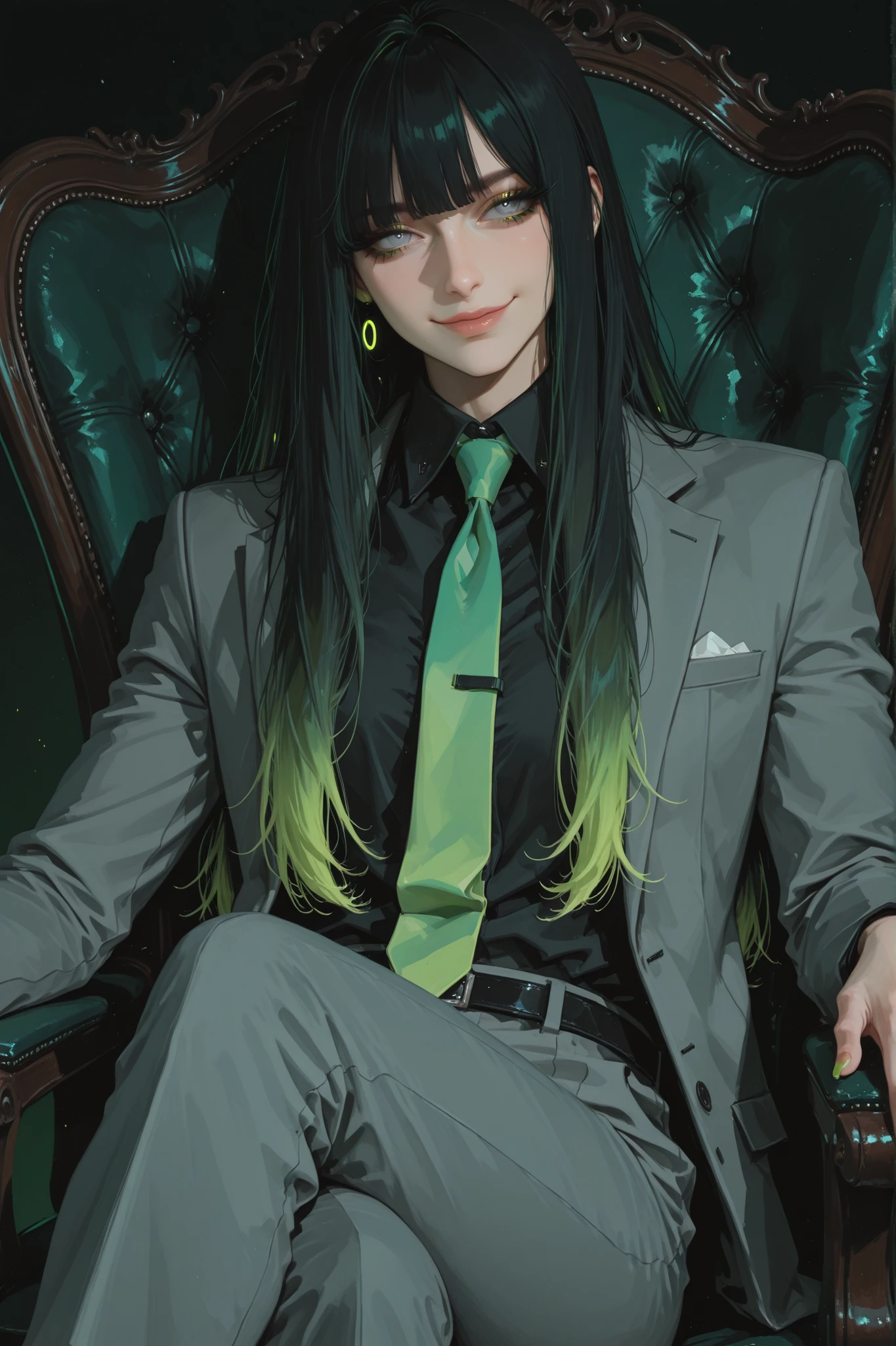 anime style, anime coloring, 8k, HDR, extremely detailed face and eyes, beautiful face and eyes, solo, beautiful, cool, masterpiece, top quality, great
quality, dynamic pose, background, highres, character focus, 1girl, young woman, dynamic hair, dynamic clothes, multicoloured hair, gradient hair, black and green hair, black hair_roots, green highlights, neon green, straight hair, bangs, long hair, grey eyes, grey male suit, green tie, black shirt, masculine clothes, CEO, mischievous smile, personal study, sitting on black leather chair, legs crossed, side angle