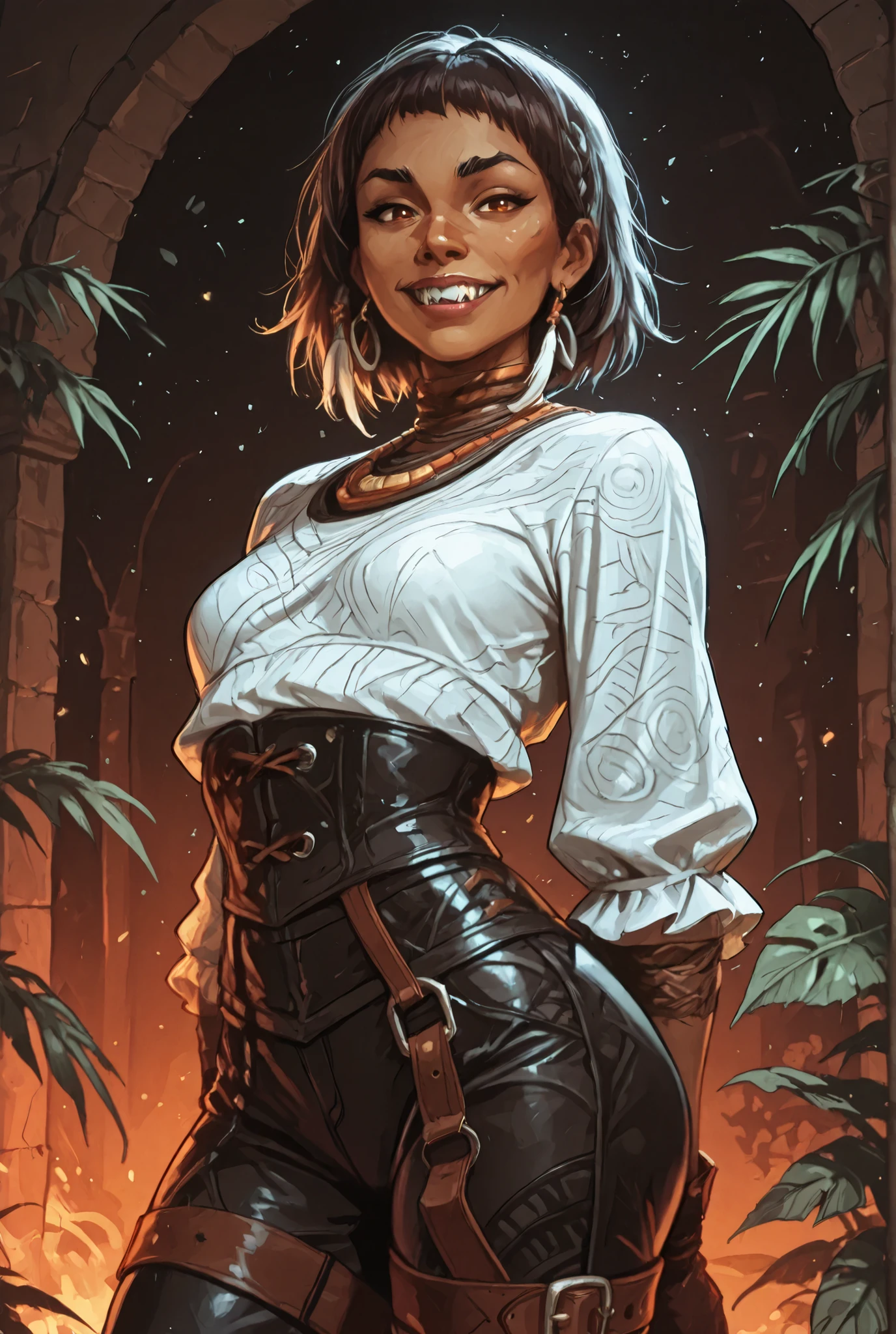 Woman looks like a mix of Elena and Juri Han from Street Fighter 6. bronze-colored and brown skin. She has a horizontal scar over her nose. She has sharp teeth. pointed fangs in her mouth. your body is athletic, with muscles and abs. B-Cup. Sie hat rote, schmale, asiatische Augen, A pretty, And young face and white braids. The Inca clothing is made from the finest latex (Schlangenhaut-Optik), and an amber necklace. atmospheric lighting. looks at the viewer. She has an innocent smile with lots of sharp teeth. Keine Tiere im Bild. Hintergrund: spanischer, medieval salon, strong lineart, hdr, hdr colours, creepy atmosphere, keine Monster, hdr colours. Sharp. HD. Fake box art.