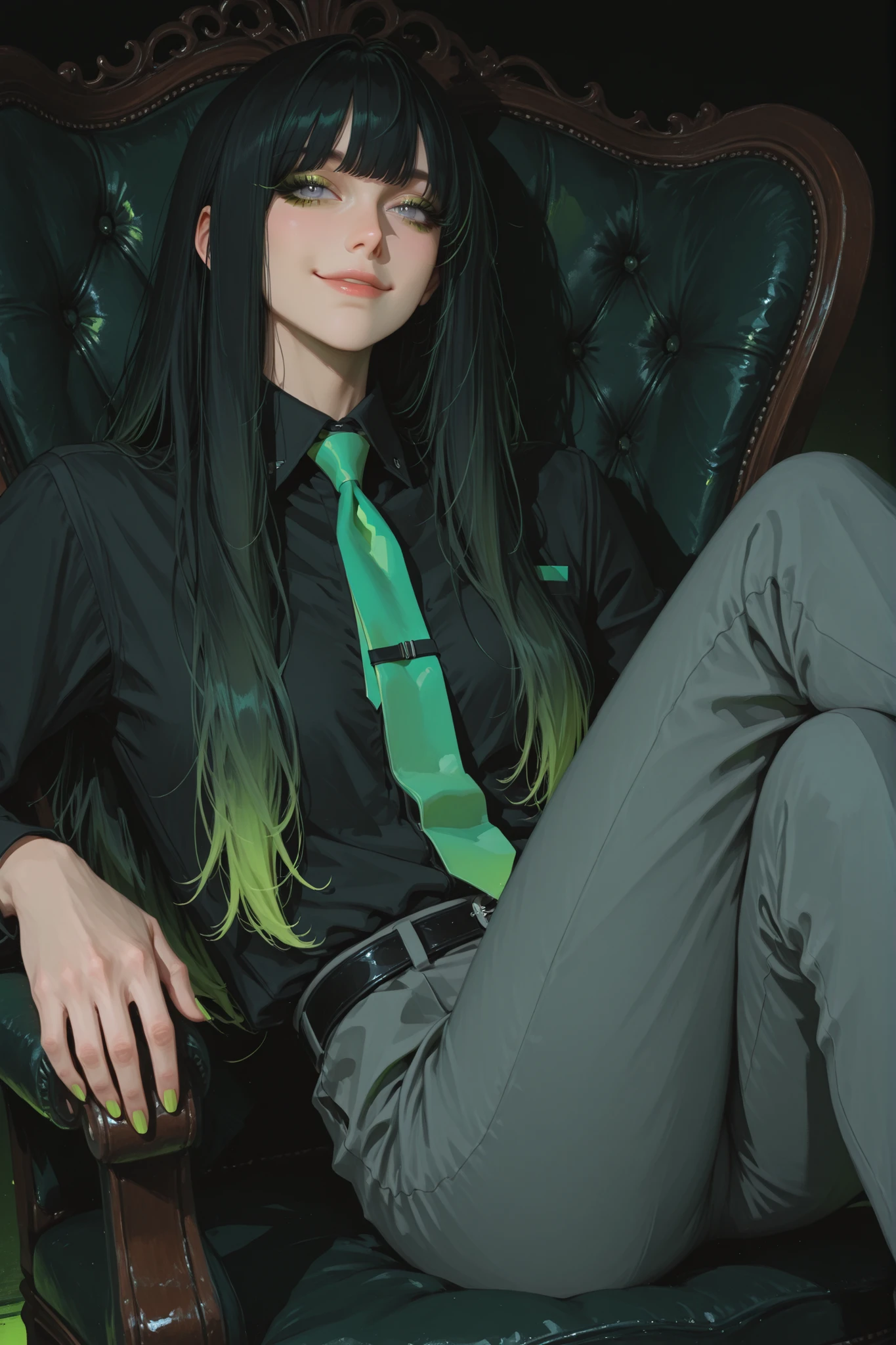 anime style, anime coloring, 8k, HDR, extremely detailed face and eyes, beautiful face and eyes, solo, beautiful, cool, masterpiece, top quality, great
quality, dynamic pose, background, highres, character focus, 1girl, young woman, dynamic hair, dynamic clothes, multicoloured hair, gradient hair, black and green hair, black hair_roots, green highlights, neon green, straight hair, bangs, long hair, grey eyes, grey male suit, green tie, black shirt, masculine clothes, CEO, mischievous smile, personal study, sitting on black leather chair, legs crossed, side angle