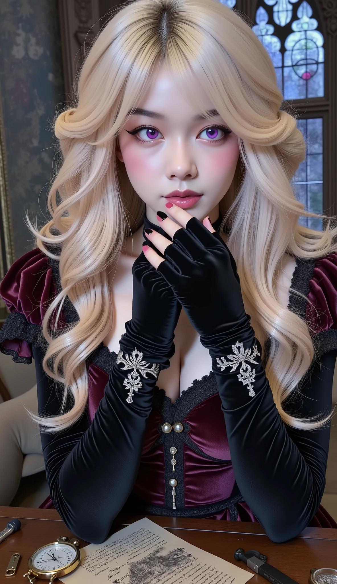 Ultra-realistic anime gothic sorceress, beautiful girl with heterochromia eyes (one glowing golden, one glowing purple), long wavy black hair with purple highlights, soft porcelain skin, light blush makeup, wearing dark red velvet off-shoulder medieval dress and black velvet gloves with silver embroidery, gently touching her lips, romantic mysterious gaze, sitting at an old wooden desk with ancient parchment, pocket watch, compass, stained glass window in background, cinematic lighting, fantasy gothic atmosphere, highly detailed, magical realism style.
