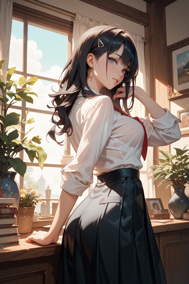 masterpiece, best quality, best lighting, shadows, perfect , 1 girl,  girl, 21 years old, mature features, showing tits, bitchy face, pretty lips, pretty eyes, black wavy hair, black eyes,  eyes, blushing, flirty, pretty smile, tiny red skirt, white tight shirt, classroom background, ass, breast, thighs, , spicy, hot, flirty, ,