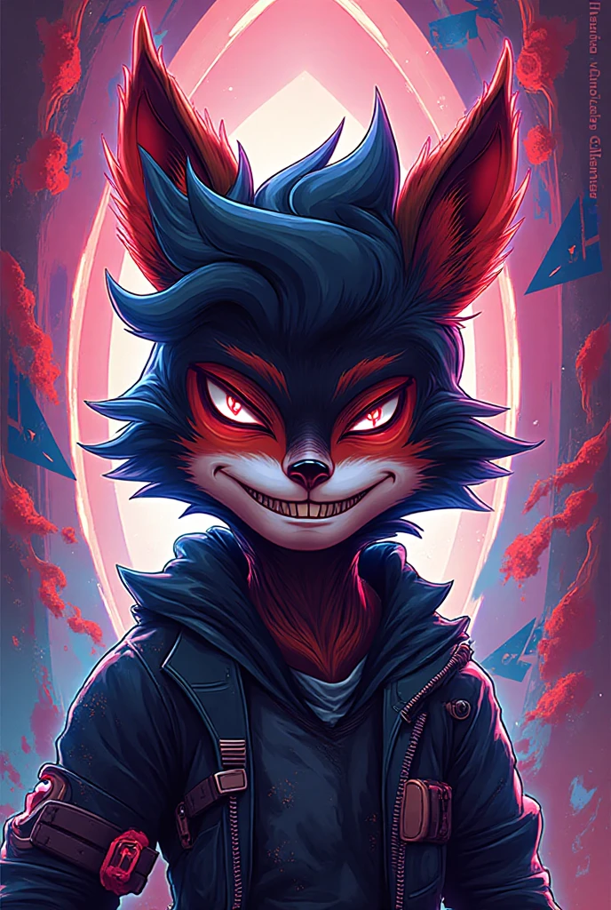 A boy with wolf features with purple fur and a green lock of hair and a rock star outfit with a red jacket 