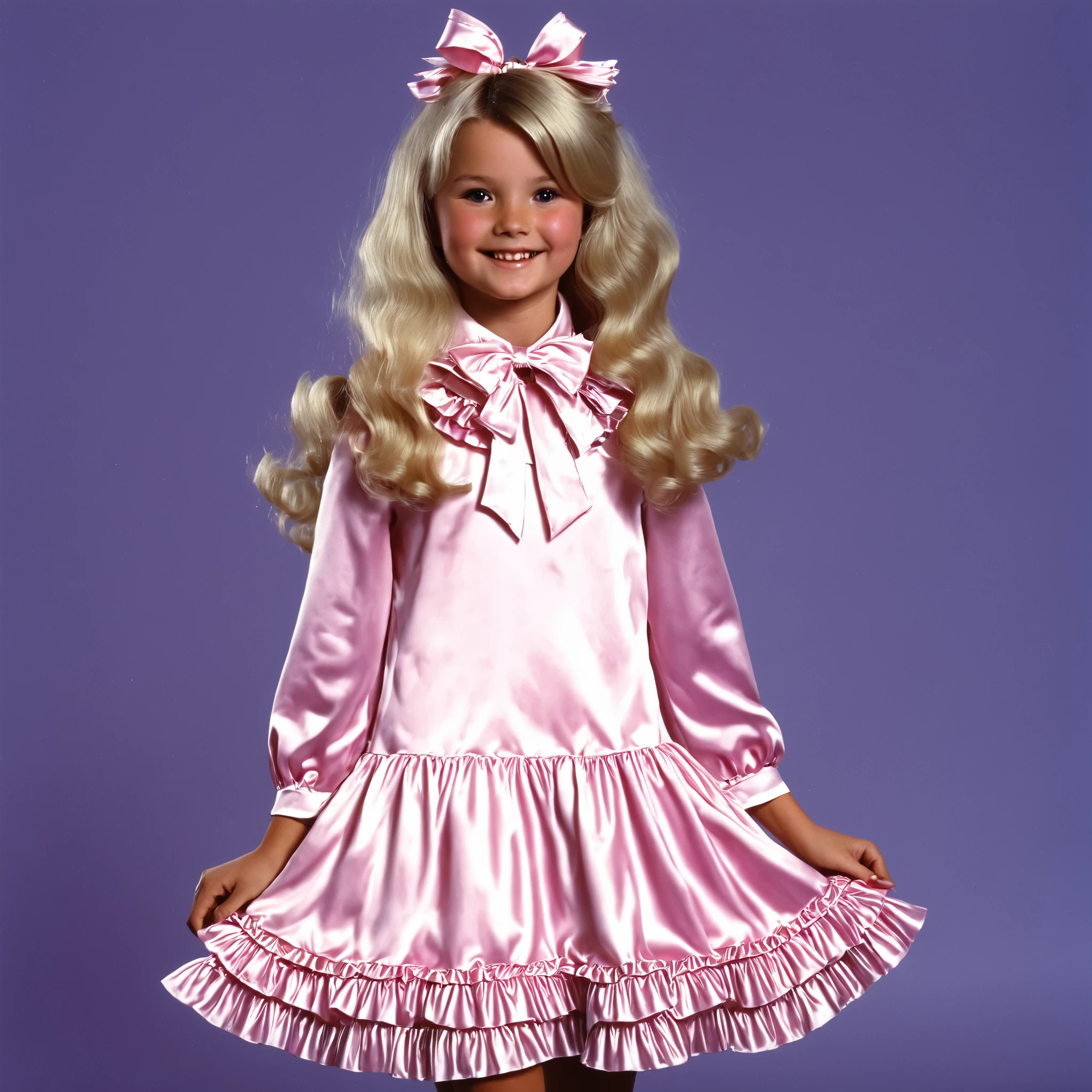 top quality, masterpiece, Highest Resolution, art work, super それにget used to it, many get used to it, get used to it, それにget used to it, 3k photos,((American girls from the 1970s,blonde long hair)),pink silk satin ruffle bow dress,Midi Skirt,puff sleeve,ruffled yoke collar,Smile Yan,Model,((10 years old)),,((Full Body,Distant view:1.0)),