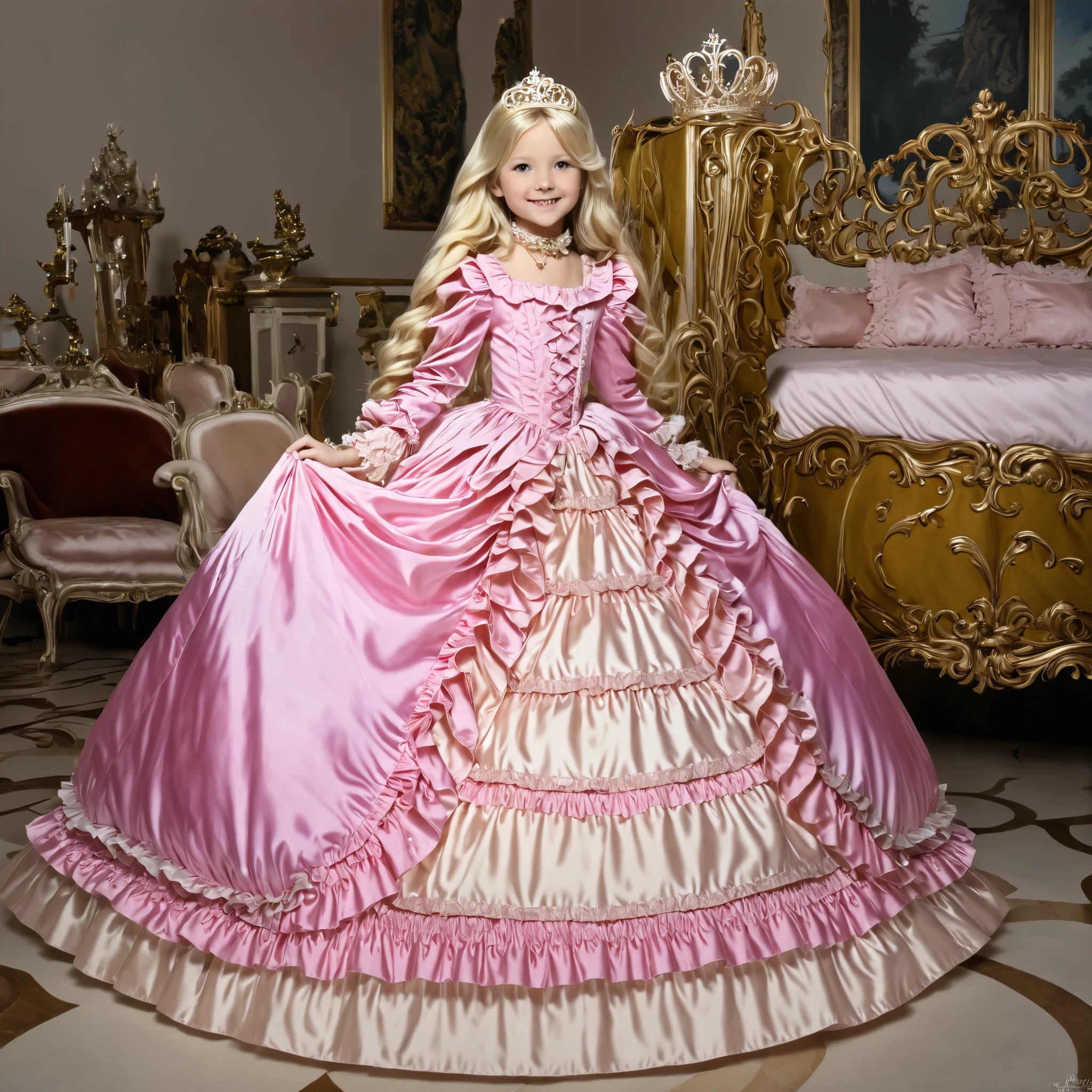 top quality, masterpiece, Highest Resolution, art work, super それにget used to it, many get used to it, get used to it, それにget used to it, 3k photos,((American girls from the 1970s,I'm cosplaying as a princess,blonde long hair)),Smile Yan,Model,((10 years old)),,((Full Body,Distant view:1.0)),,((pink silk satin victorian style big ball gown dress.:1.0)),puff sleeve,ruffle sleeve,long sleeve,The dress is decorated with lots of ruffles and ribbons., have waist-length blonde wavy long hair,They wear princess tiaras on their heads,In a gorgeous European rococo palace,