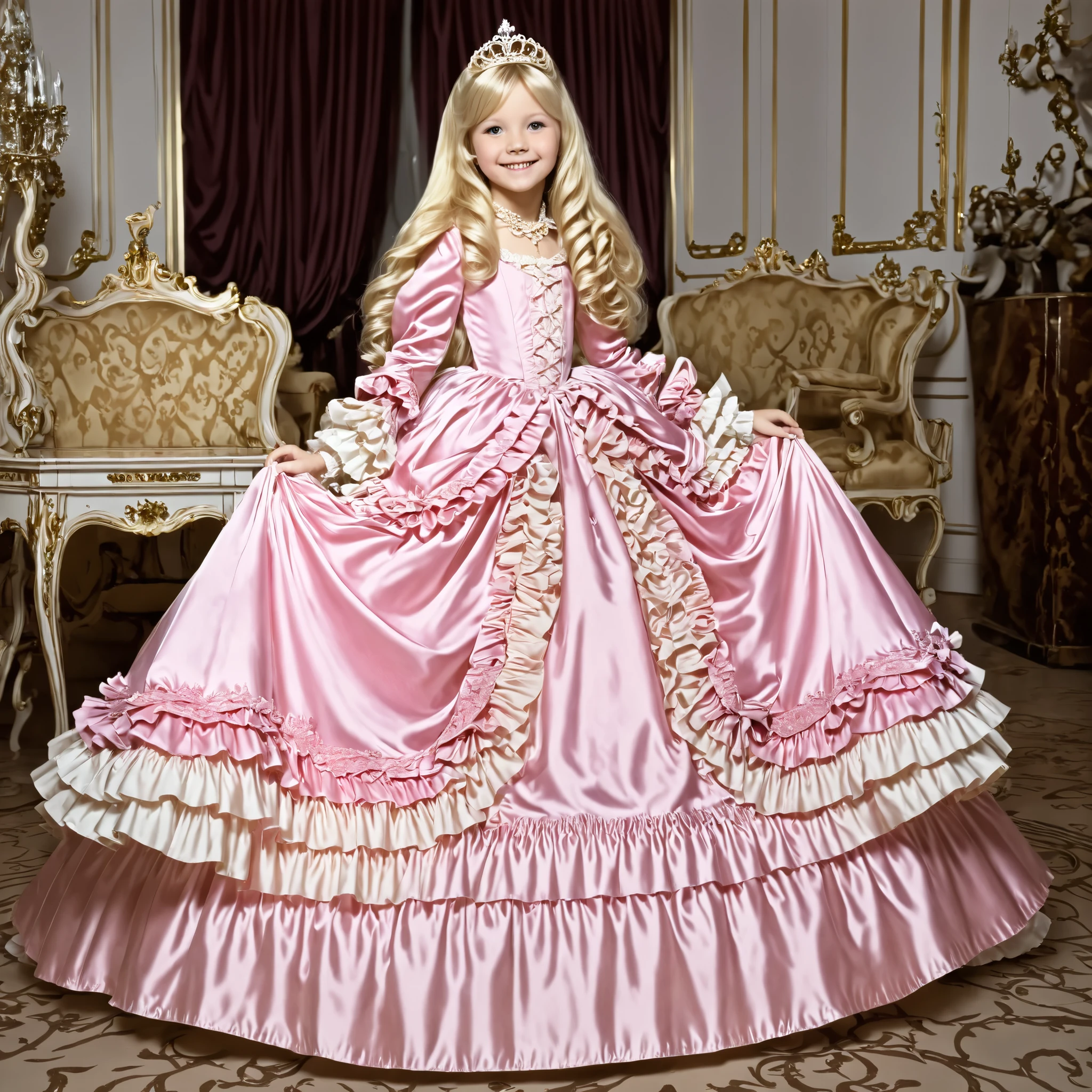 top quality, masterpiece, Highest Resolution, art work, super それにget used to it, many get used to it, get used to it, それにget used to it, 3k photos,((American girls from the 1970s,I'm cosplaying as a princess,blonde long hair)),Smile Yan,Model,((10 years old)),,((Full Body,Distant view:1.0)),,((pink silk satin victorian style big ball gown dress.:1.0)),puff sleeve,ruffle sleeve,long sleeve,The dress is decorated with lots of ruffles and ribbons., have waist-length blonde wavy long hair,They wear princess tiaras on their heads,In a gorgeous European rococo palace,
