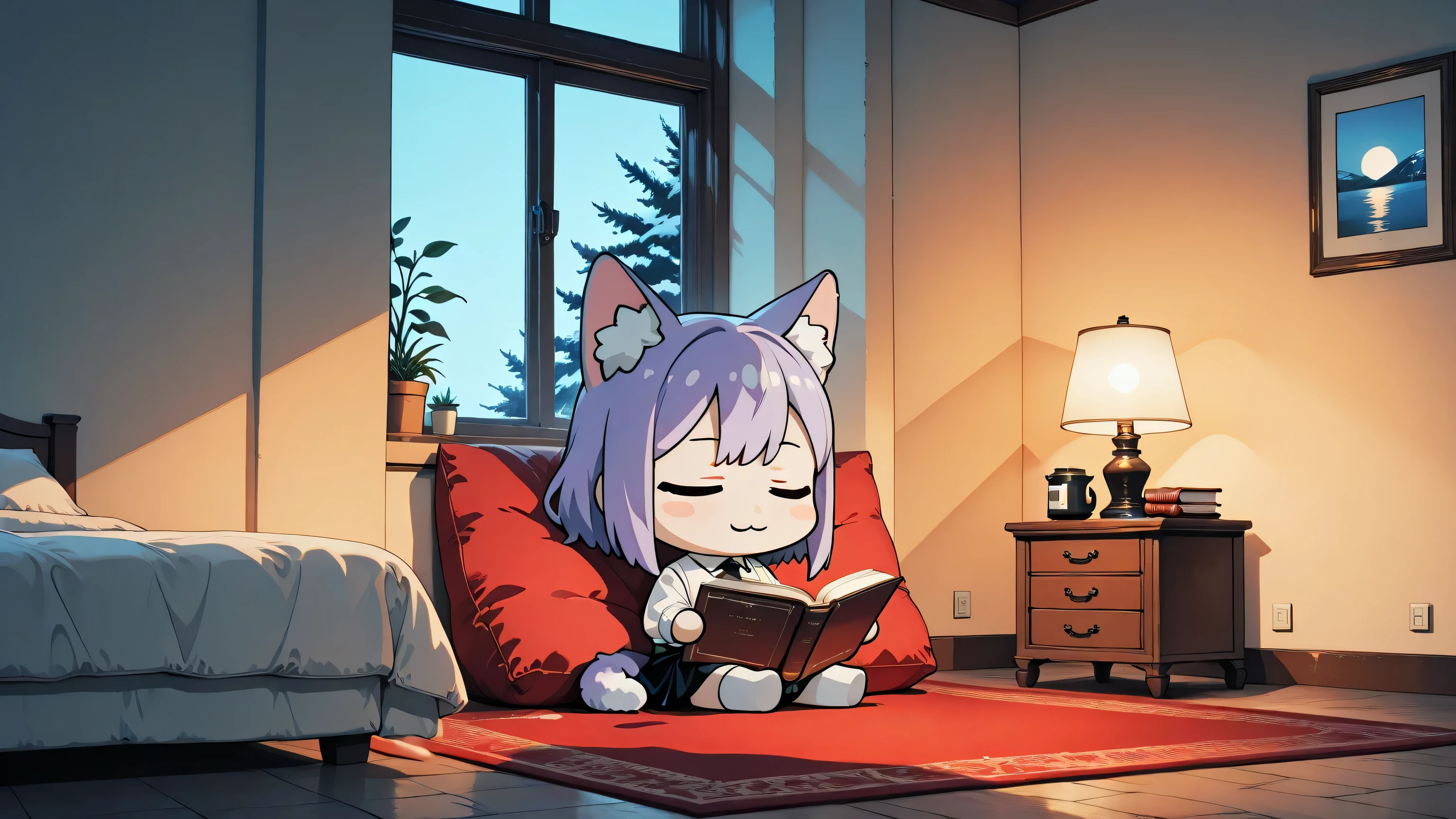 Chibi,(chibi:1.4),A cozy cat-girl with soft cat ears and a fluffy cat tail, sitting on a warm red carpet while reading a book. The room is softly illuminated with gentle warm ambient lighting, creating a calm and comforting atmosphere without any visible lamps or light sources. Beside her is a small stack of books and a single cup of coffee. On the side of the room, a large window reveals a snowy twilight scene — a soft purple-blue sky, gentle snow falling, and the faint glow of dusk. The warm interior contrasts beautifully with the cool, serene evening outside. Highly detailed, soft ambient light, warm tones, anime-style illustration.