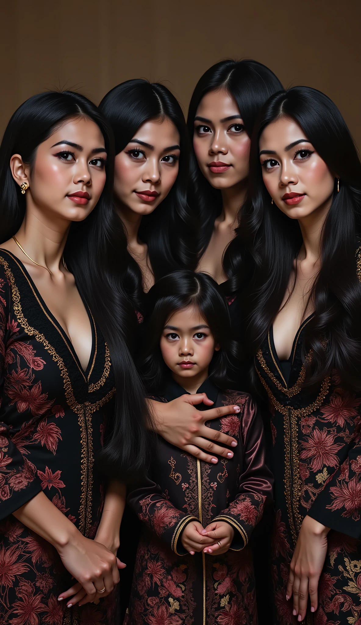 1 Family, Potrait of 4 wife same faced Indonesian-chinese girl ((quartet twin faced woman)) , Harem (Polygamy), long fashion hair,all woman same face, fit body, small cleavage, skintight black lace kebaya, batik skirt, masterpiece, highly detailed, ultra hd, 8k, detailed face, detailed eyes, perfect eyes, detailed skin texture, detailed lips, sexy lips, perfect hands, dynamic angle, cowboy shot, rich family, javanese style, java luxery.