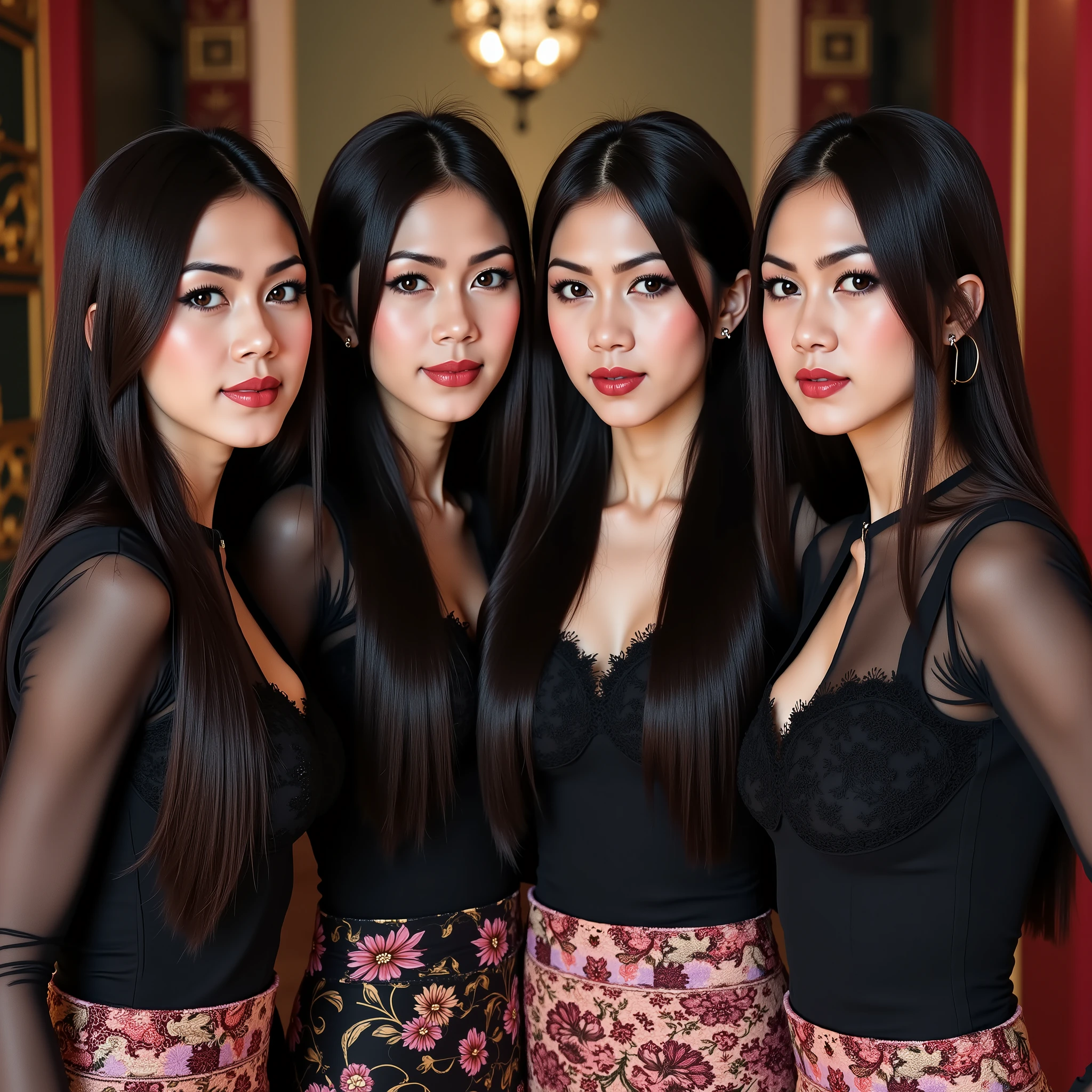 1 Family, Potrait of 4 wife same faced Indonesian-chinese girl ((quartet twin faced woman)) , Harem (Polygamy), long fashion hair,all woman same face, fit body, small cleavage, skintight black lace kebaya, batik skirt, masterpiece, highly detailed, ultra hd, 8k, detailed face, detailed eyes, perfect eyes, detailed skin texture, detailed lips, sexy lips, perfect hands, dynamic angle, cowboy shot, rich family, javanese style, java luxery.