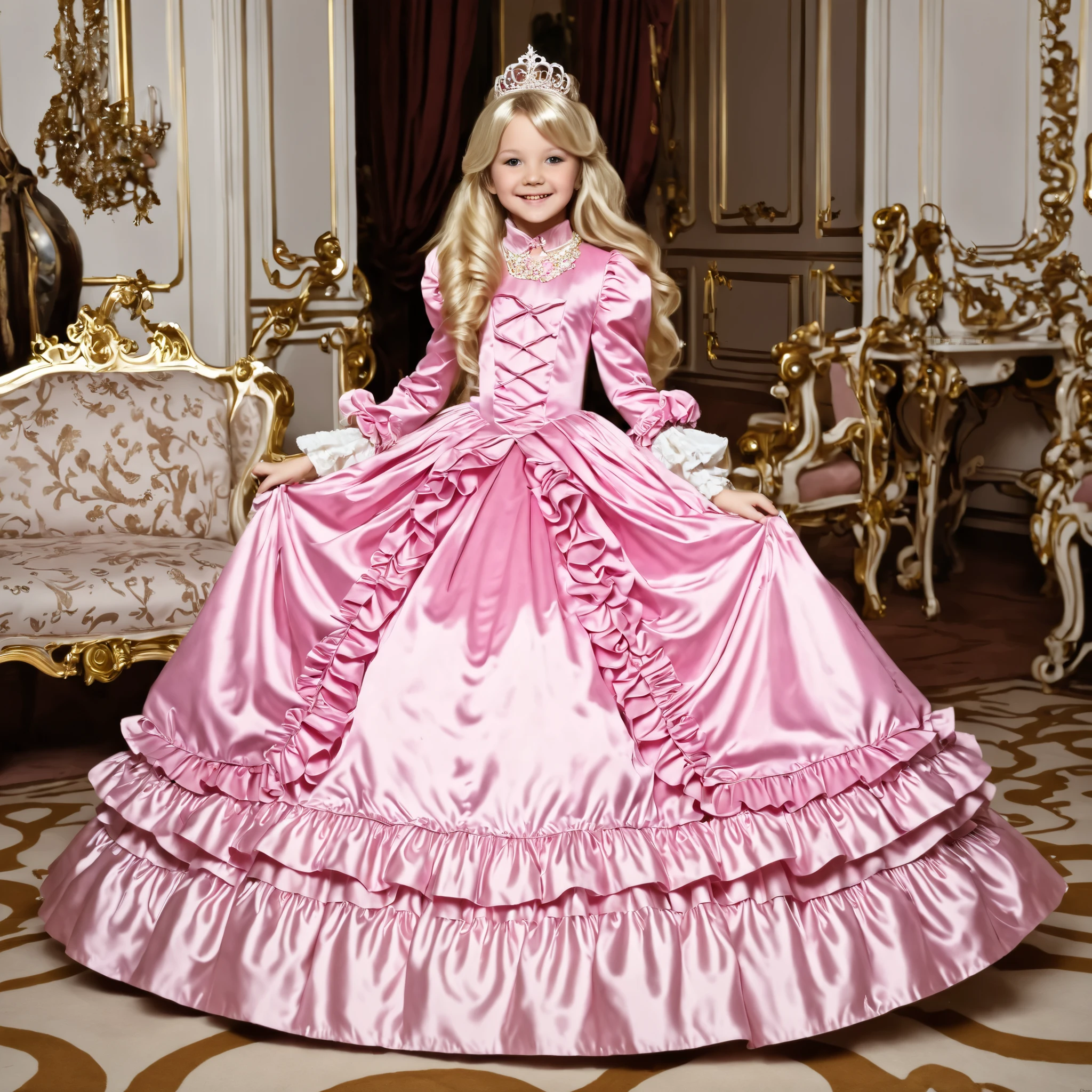 top quality, masterpiece, Highest Resolution, art work, super それにget used to it, many get used to it, get used to it, それにget used to it, 3k photos,((American girls from the 1970s,I'm cosplaying as a princess,blonde long hair)),Smile Yan,Model,((10 years old)),,((Full Body,Distant view:1.0)),,((pink silk satin victorian style big ball gown dress.:1.0)),puff sleeve,ruffle sleeve,long sleeve,The dress is decorated with lots of ruffles and ribbons., have waist-length blonde wavy long hair,They wear princess tiaras on their heads,In a gorgeous European rococo palace,