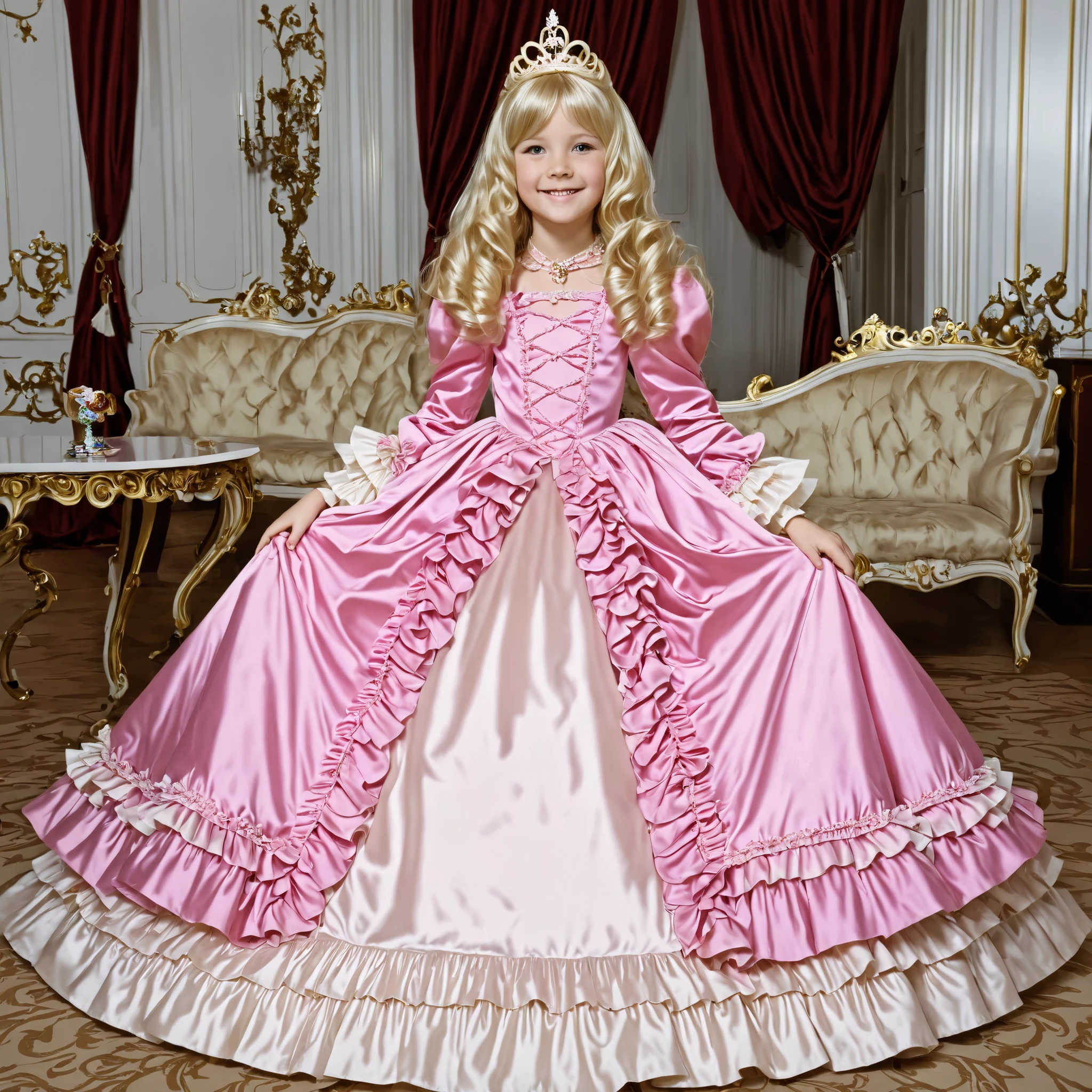 top quality, masterpiece, Highest Resolution, art work, super それにget used to it, many get used to it, get used to it, それにget used to it, 3k photos,((American girls from the 1970s,I'm cosplaying as a princess,blonde long hair)),Smile Yan,Model,((10 years old)),,((Full Body,Distant view:1.0)),,((pink silk satin victorian style big ball gown dress.:1.0)),puff sleeve,ruffle sleeve,long sleeve,The dress is decorated with lots of ruffles and ribbons., have waist-length blonde wavy long hair,They wear princess tiaras on their heads,In a gorgeous European rococo palace,