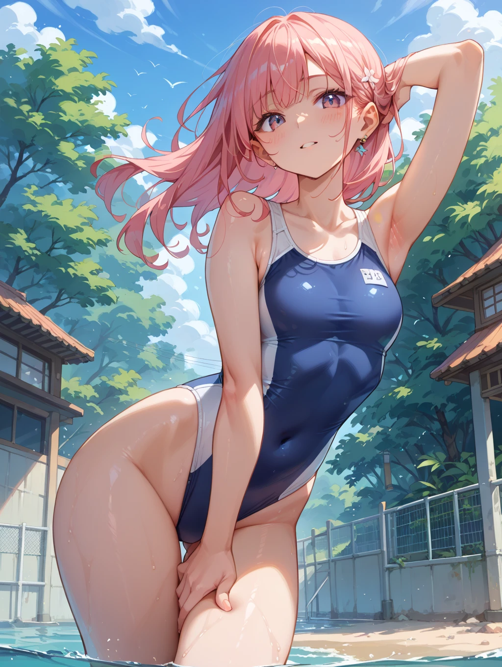 最high quality、high quality、best image quality、8K、最High resolution、High resolution、最high quality、masterpiece、whole body photos、 skin in every detail、 face in every detail、 eyes in every detail、 lips in every detail、 teeth in every detail、 ears with attention to detail、 hair with detailed details、arms with attention to detail、 hands with attention to detail、 fingers with attention to detail、 (fine hands、thumb１reference４)、 legs with attention to detail, feet with attention to detail, 8k, ultra HD, sharp focus, details hair, beautiful hair, details face, beautiful detail eye, details pupil, perfect hand, vibrant colours, soft lighting.

1girl, long hair, hair accessory, hair ornaments, cyber pink hair, single ponytail hair, beautiful hair, radiant aqua eyes, glow eyes, big breast, small thigh, slim body, sports clothing, sexy, seduction

at field, beside tree, wind blows, sunset, evening, clear sky,