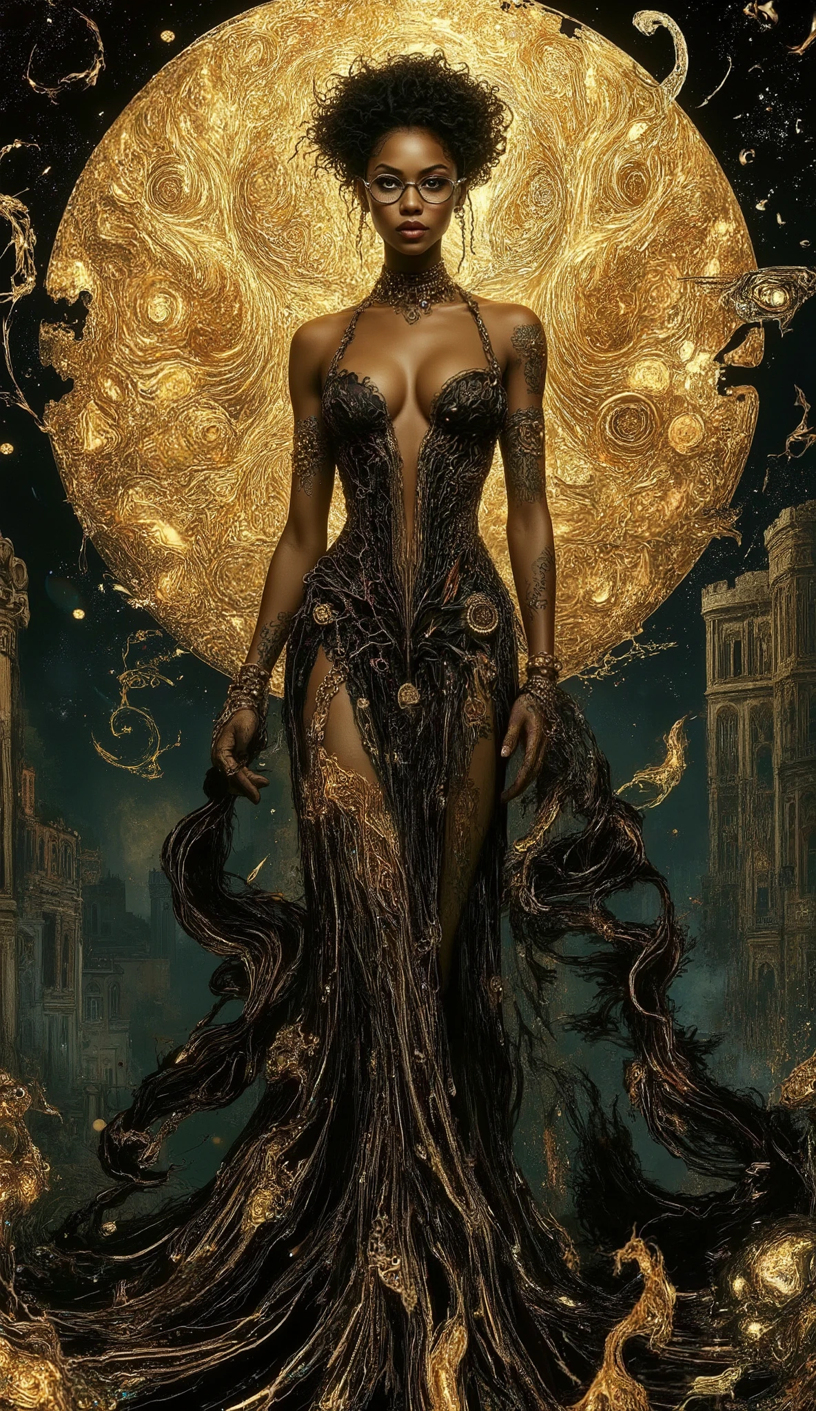 She is a predatory angel in the style of Neon glitch mosaic surrealism, we see a photo-realistic bizarre portrait of a beautiful, and Charismatic caucasian half black lady of mixed heritage bearing a large gap toothed infectious smile between dimpled cheeks, graceful yet an outcast, radiating an eldritch aura and mysterious supernatural power. Her deep light golden-brown caramel skin glows with lifelike detail. She stands in a wild avant garde black and gold dress with a skirt that ends at her thighs thats very low cut and nuanced, in a theatrical pose, eyeglasses of superb make that are in a golden and black frame, large round expressive dark eyes, gap-toothed beguiling smile, exuding otherworldly energy. Her form: petite upper body, medium 32C natural breasts, powerful larger arms, trim waist, dramatically wide hips, large round ass, robust long legs. Tattooed script of loved ones on arms and chest; unfinished bowtie tattoos on thick thighs. Around her, swirling tendrils of shadow and iridescent light evoke an ancient cosmic power, casting ethereal light and mysterious symbols. In the somber, moody background, crumbling ancient wonders and modern facades meld in cool tones, surreal textures, gothic opulence and bold dramatic lighting. Intricate, high-fashion details inspired by McQueen, Mugler, and Gaultier. She is enveloped in a haunting, melancholic glamour—chosen, enchanting, blending history, futurism, and eldritch magic in a cinematic ArtStation illustration.