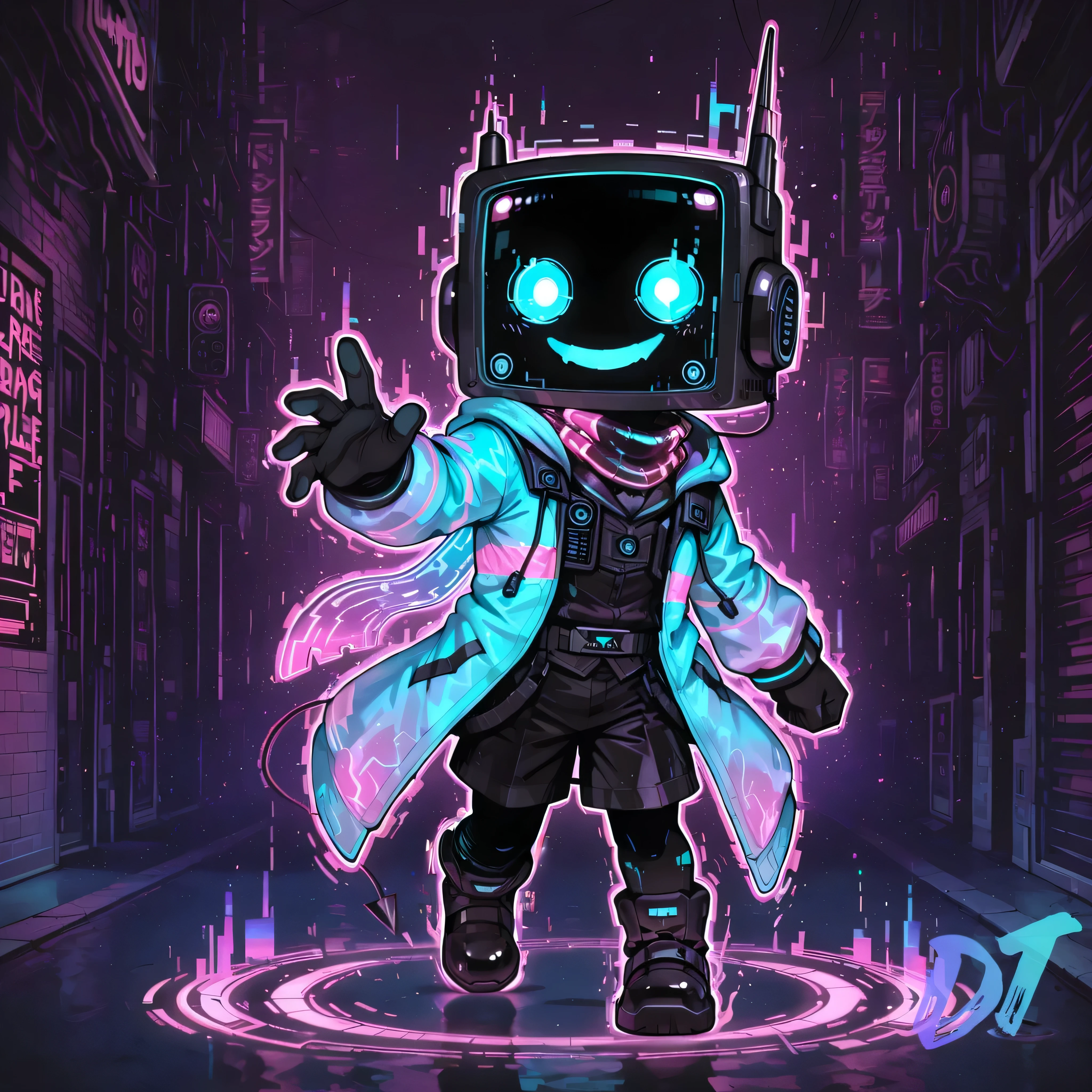 [The HorrorRadio], masterpiece, best quality, soft shading, solo, chibi style, 1boy, radio_head, expressive craze_face, glowing circle eyes, pink screen lights, glitch_face distortion,

wearing a jumper, cool neon horror style, running pose with sharp motion,
half-transparent distortion on body, glitch fading on limbs,
parts of body flickering as if going invisible,
digital ghosting trails behind him, neon distortion lines,

wearing futuristic neon outfit:
glowing jacket edges, hologram fabric traces,
neon scarf or hood, LED-lined shorts or coat,
glowing wristbands, light-up boots,
small neon hat or hologram visor (choose one),
clean, stylish, cyber-chase aesthetic,

aura: neon cyan + magenta glow,
glitch pulses, light fragments, half-fading pixels,
thin static outlining transparent sections,

minimal background:
neon streaks, dark street silhouettes,
simple running trail, slight light reflections,
clean, modern cyber atmosphere,