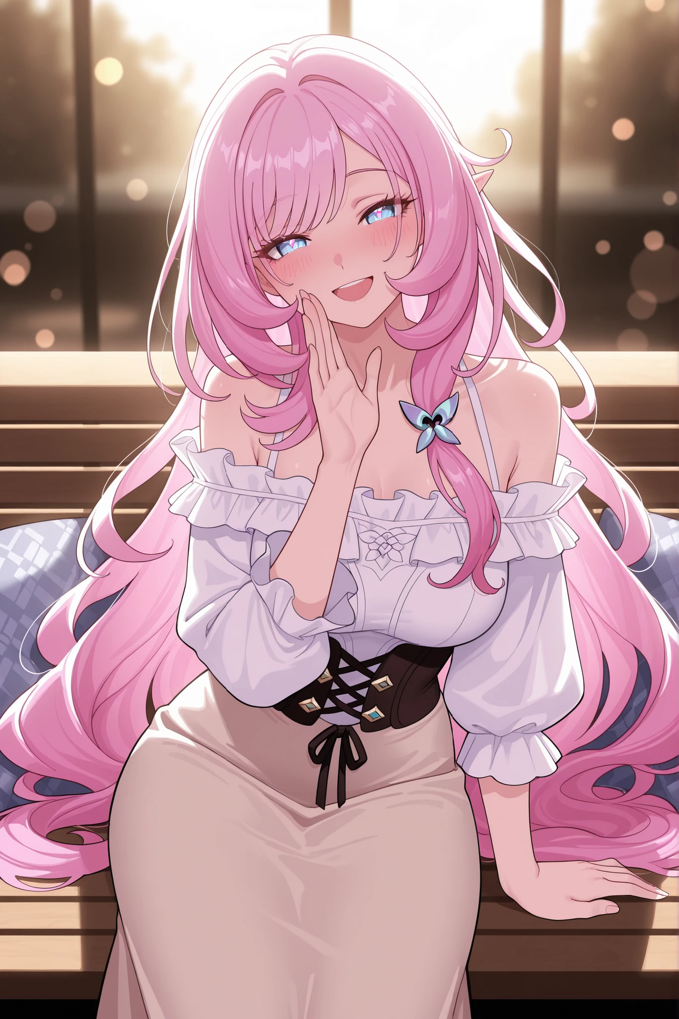 elysia_\(honkai_impact\), Mullon art style, high quality, masterpiece, best quality, 1girl, solo, gradient long straight hair let down, blush, bokeh light, score_9, score_8_up, score_8, 1girl, hair let down, long straight hair, pink and white gradient hair, smile, looking at viewer, viewer pov, wavy hair, ((hair let down)), ((straight long hair)), ((wavy hair)), Elysia from Honkai Impact 3rd, long hair, delicate facial features, natural skin texture, laughing, looking at viewer, professional stylist outfit, off-shoulder beige blouse with high-waisted satin midi skirt, delicate jewelry, sitting on a plush café bench, hugging a soft cushion while slightly leaning to the side, soft warm lighting enhancing the cozy atmosphere, blurred background of café decor and stylish customers, fashionable simple design, face focus, masterpiece, best quality, ultra quality, high detailed, morning, one hand waving