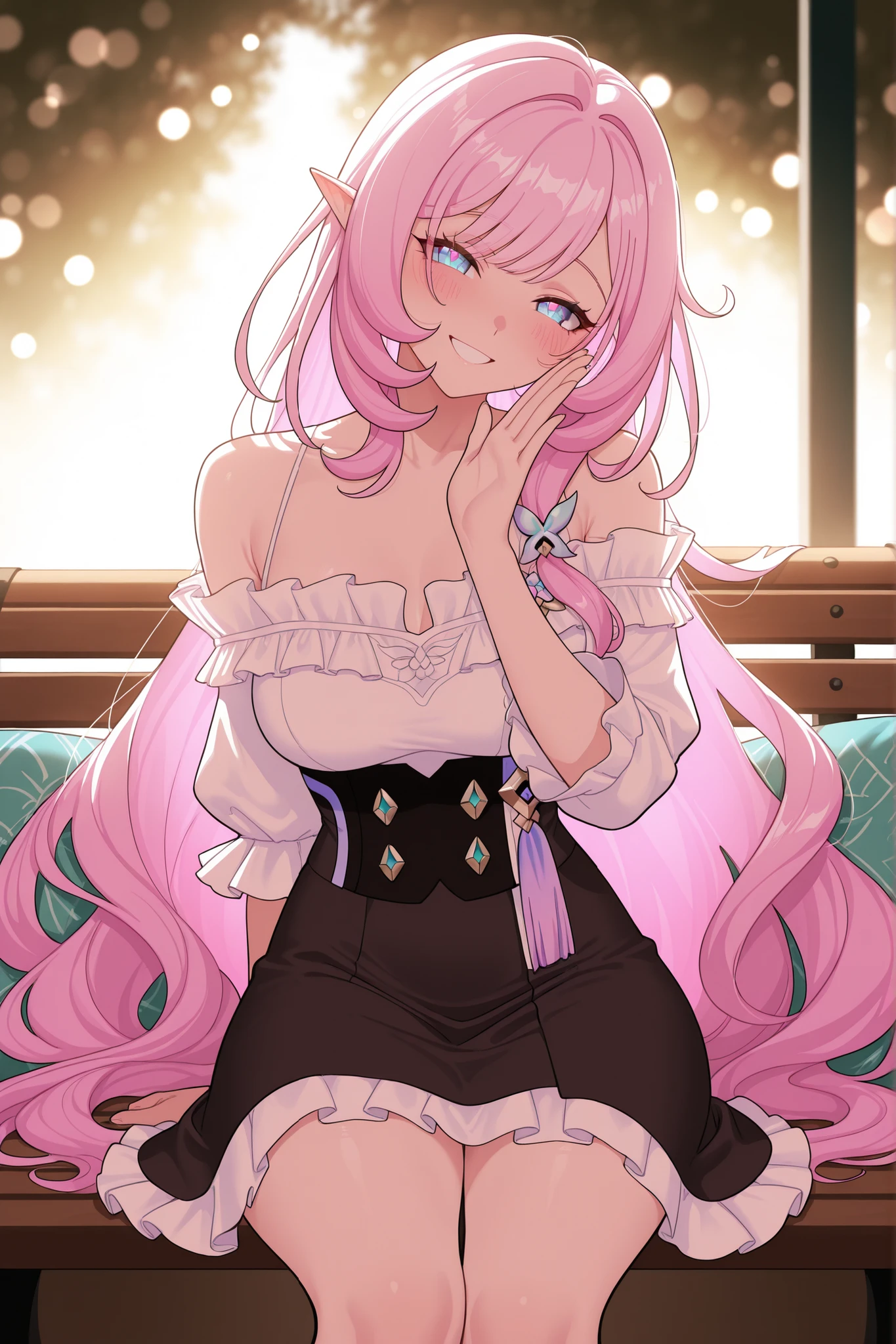 elysia_\(honkai_impact\), Mullon art style, high quality, masterpiece, best quality, 1girl, solo, gradient long straight hair let down, blush, bokeh light, score_9, score_8_up, score_8, 1girl, hair let down, long straight hair, pink and white gradient hair, smile, looking at viewer, viewer pov, wavy hair, ((hair let down)), ((straight long hair)), ((wavy hair)), Elysia from Honkai Impact 3rd, long hair, delicate facial features, natural skin texture, laughing, looking at viewer, professional stylist outfit, off-shoulder beige blouse with high-waisted satin midi skirt, delicate jewelry, sitting on a plush café bench, hugging a soft cushion while slightly leaning to the side, soft warm lighting enhancing the cozy atmosphere, blurred background of café decor and stylish customers, fashionable simple design, face focus, masterpiece, best quality, ultra quality, high detailed, morning, one hand waving